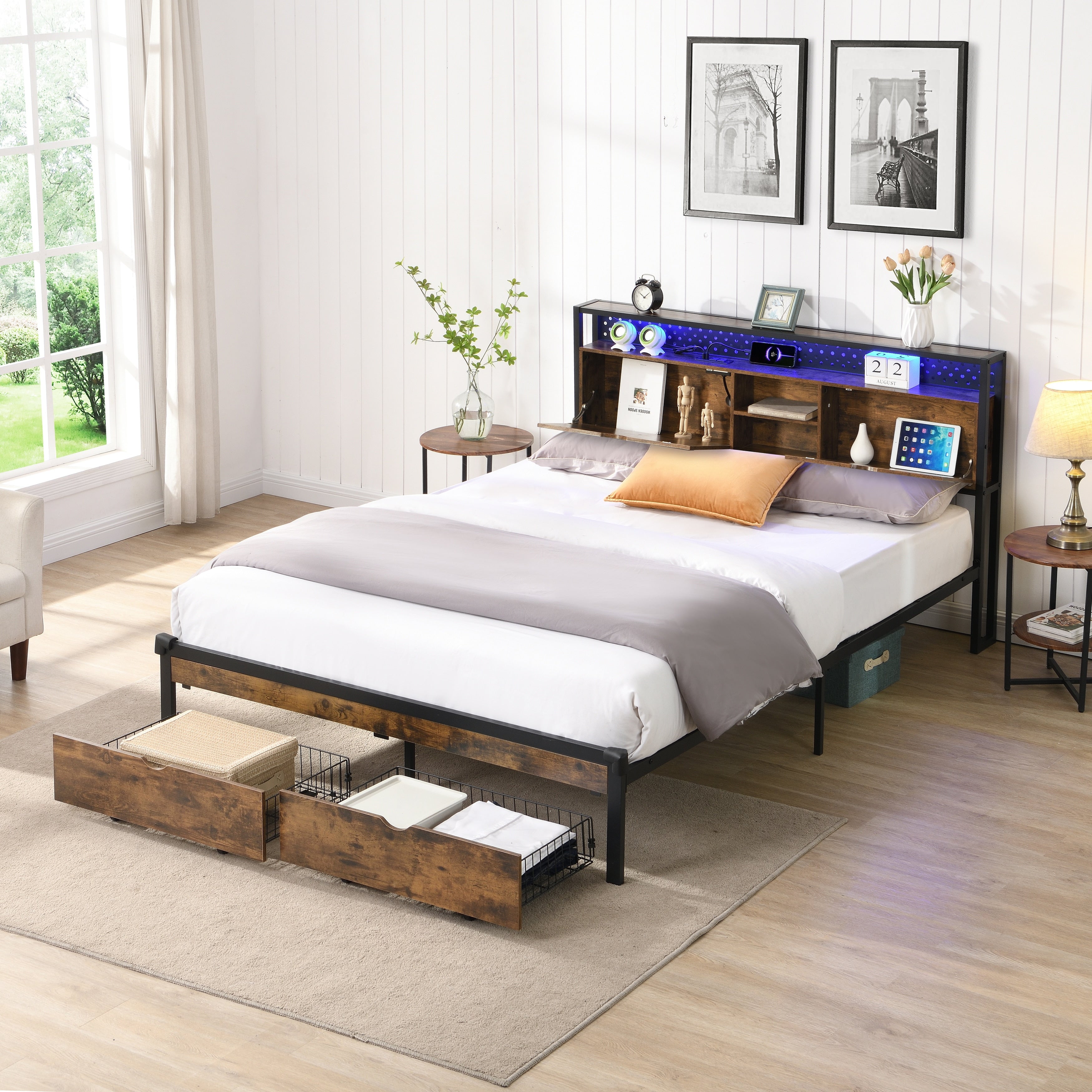 Queen Size Metal Platform Bed Frame With Footboard Usb Charging Station 2 Drawers Storage Led Lights No Box Spring Needed