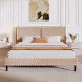 Queen Size Modern Platform Bed With Camel Plush Upholstery Comfortable Backrest