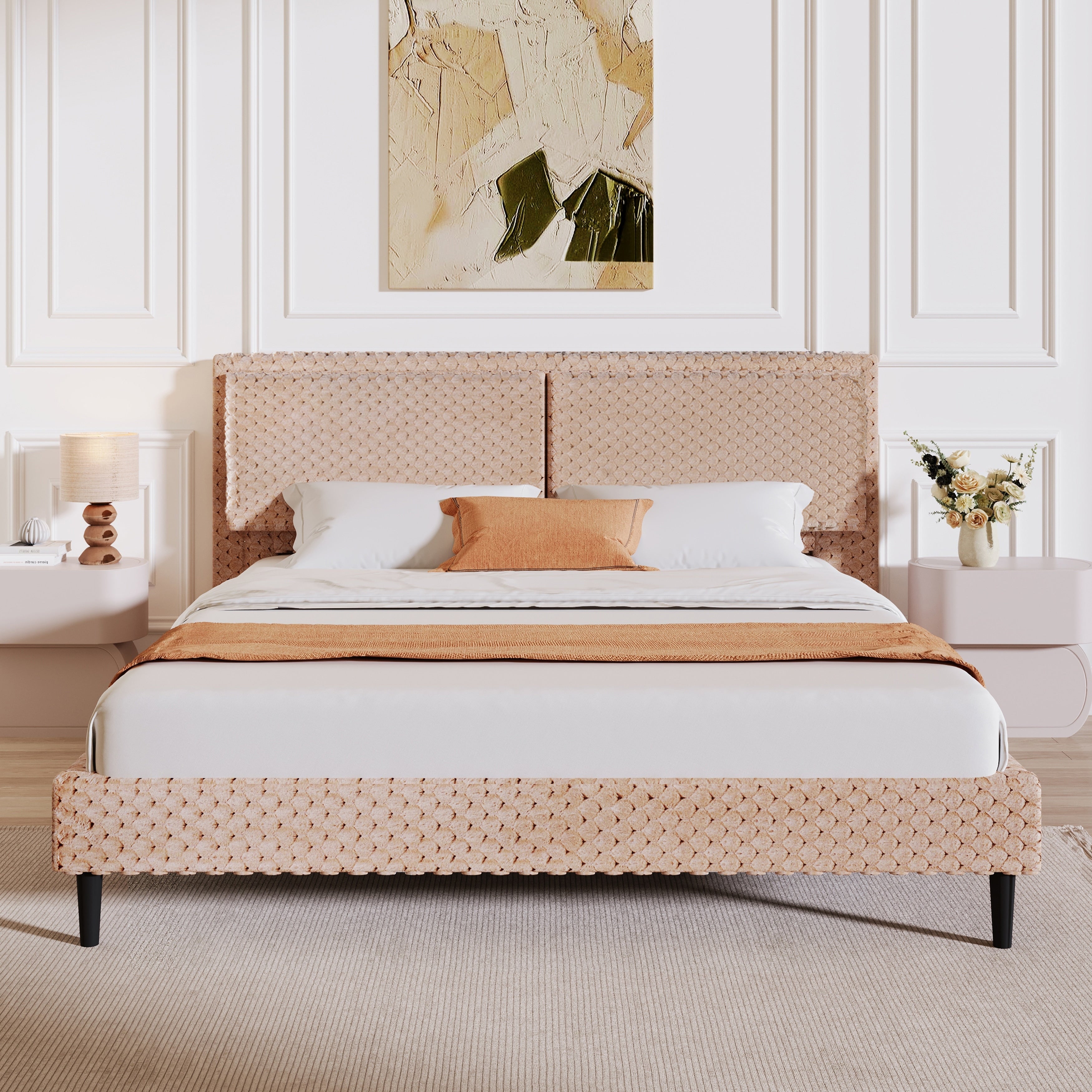 Queen Size Modern Platform Bed With Camel Plush Upholstery Comfortable Backrest