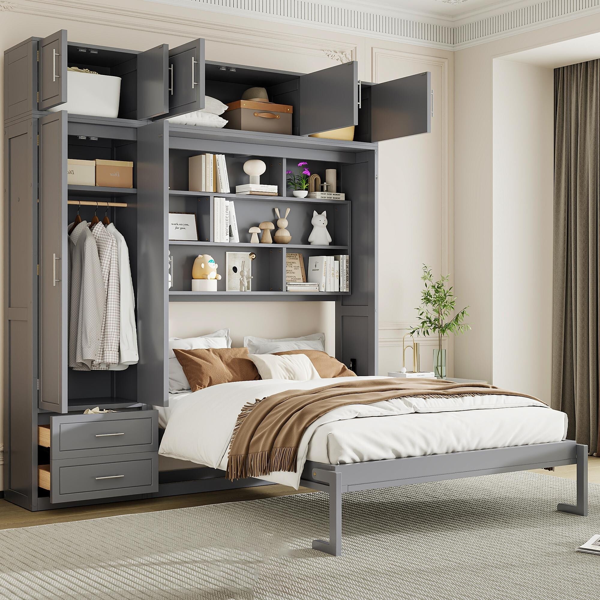 Queen Size Murphy Bed With Cabinet Wardrobe Space Saving Wall Bed With Shelves Foldable Bed For Small Rooms Home Office