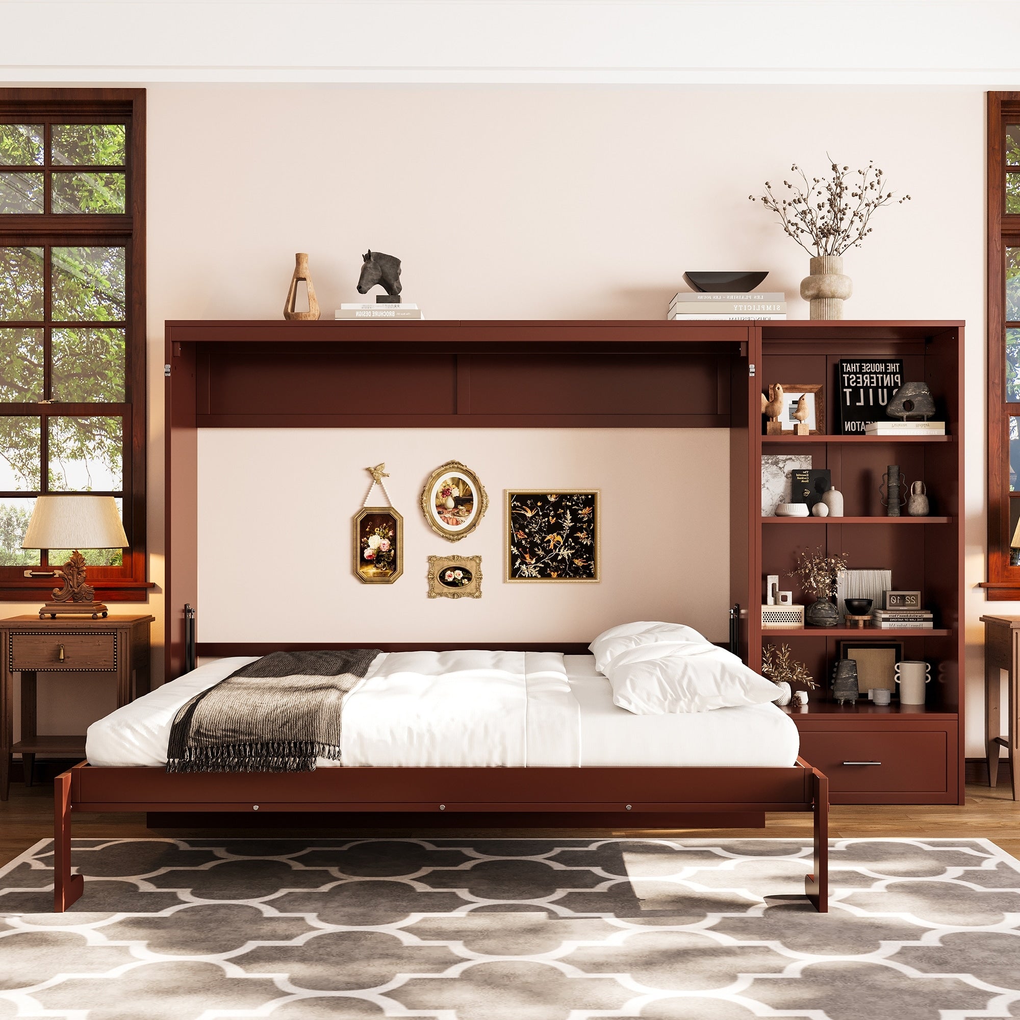 Queen Size Murphy Bed With Height Adjustable Storage Compartments And Shelf With 1 Drawer For Bedroom