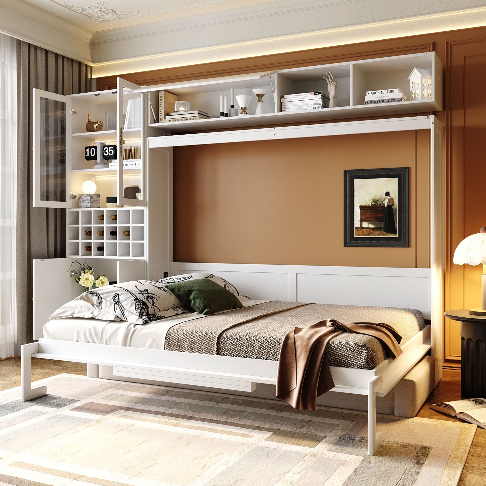 Queen Size Murphy Bed With Sofa Space Saving Wall Bed With Shelves Usb Charging Led Lighting