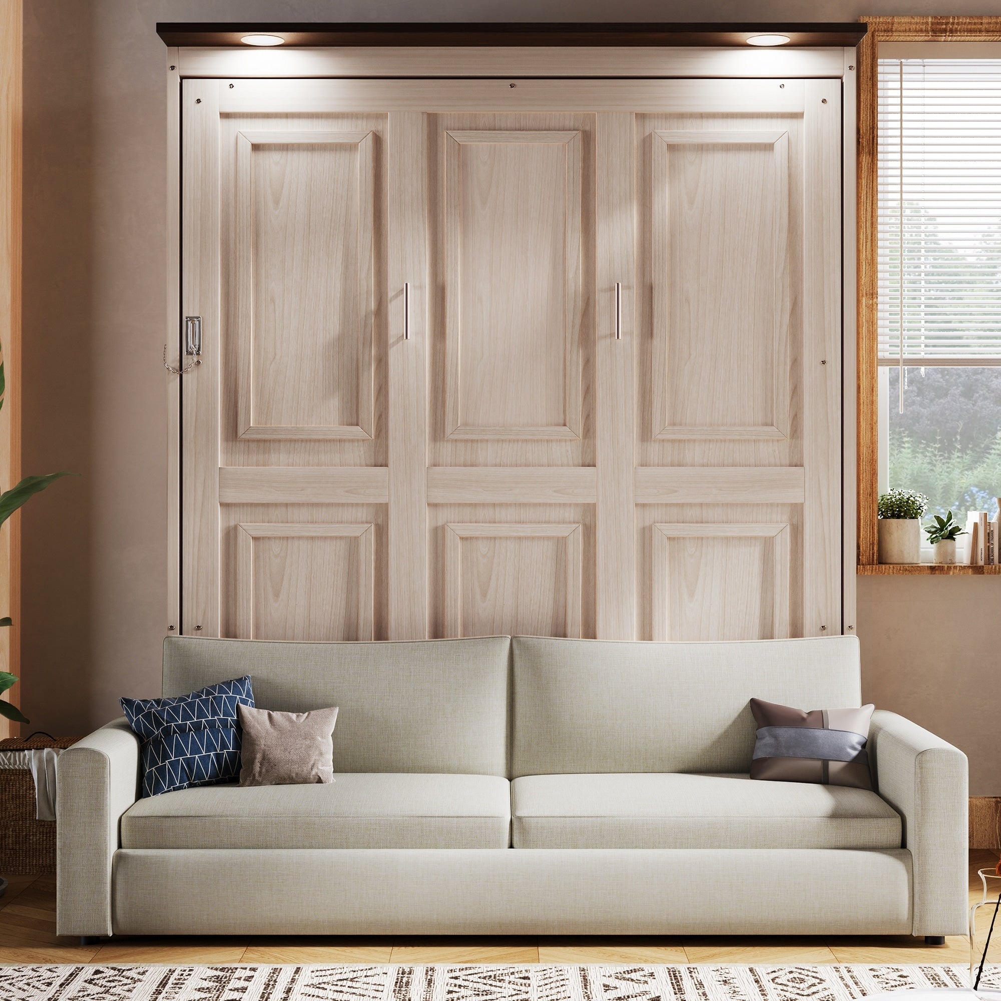 Queen Size Murphy Bed With Sofa And Led Lights Space Saving Design In Beige