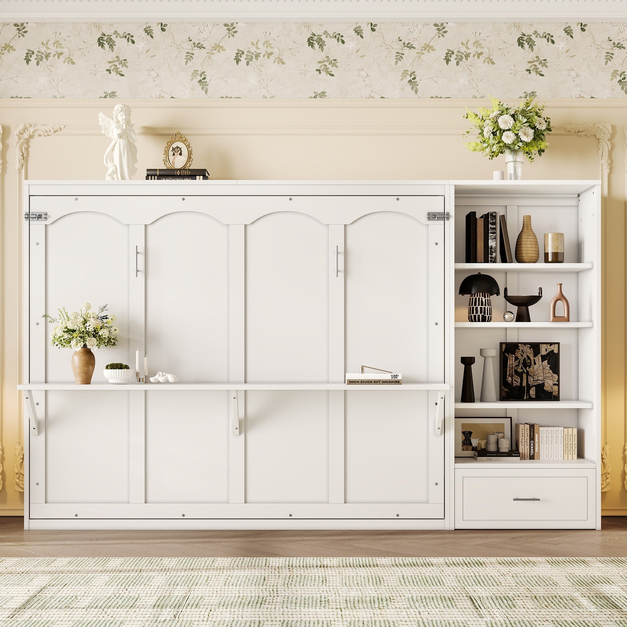 Queen Size Murphy Bed With Storage Compartments And Shelf