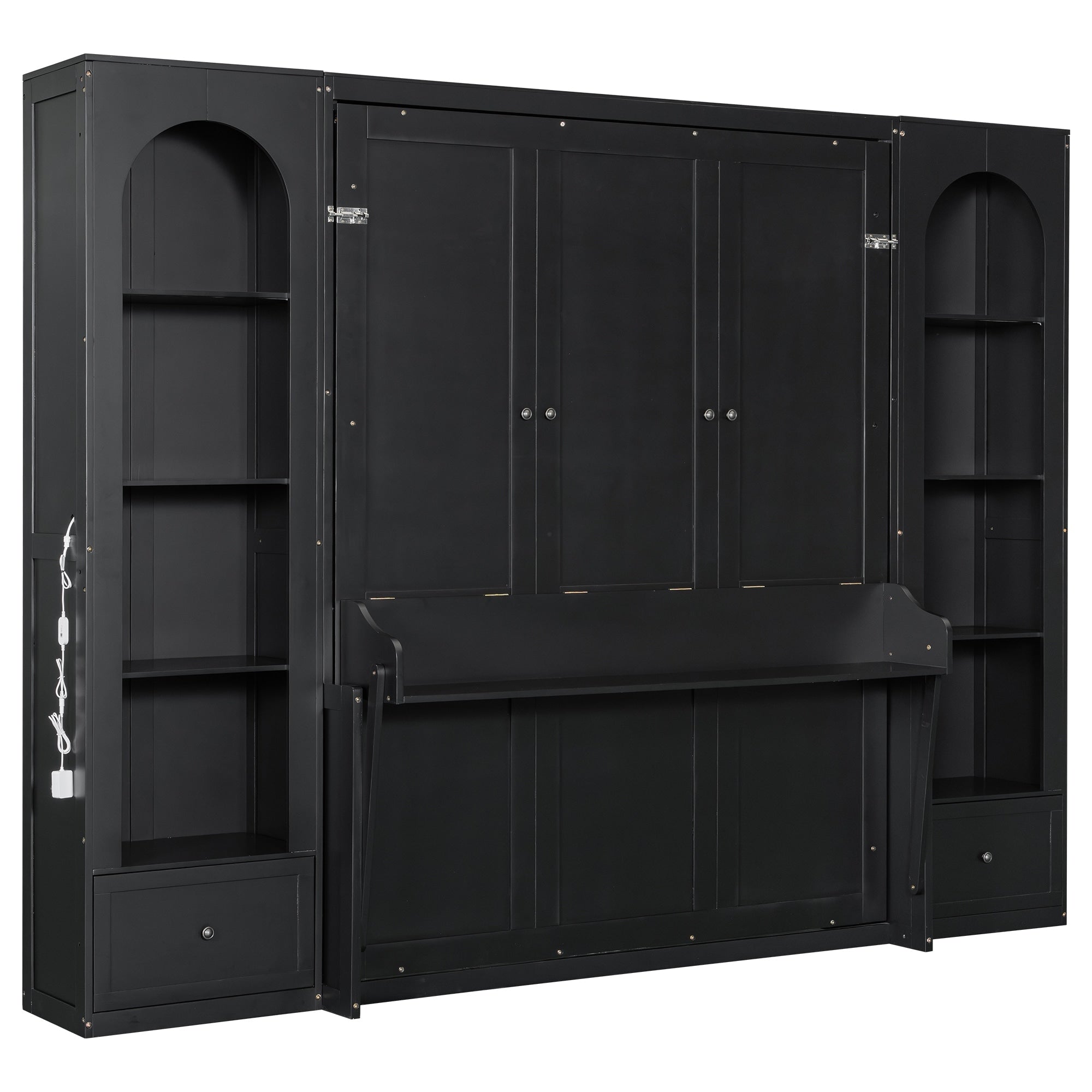 Queen Size Murphy Platform Bed With Shelf Side Cabinets Drawers And Led Lights French Style