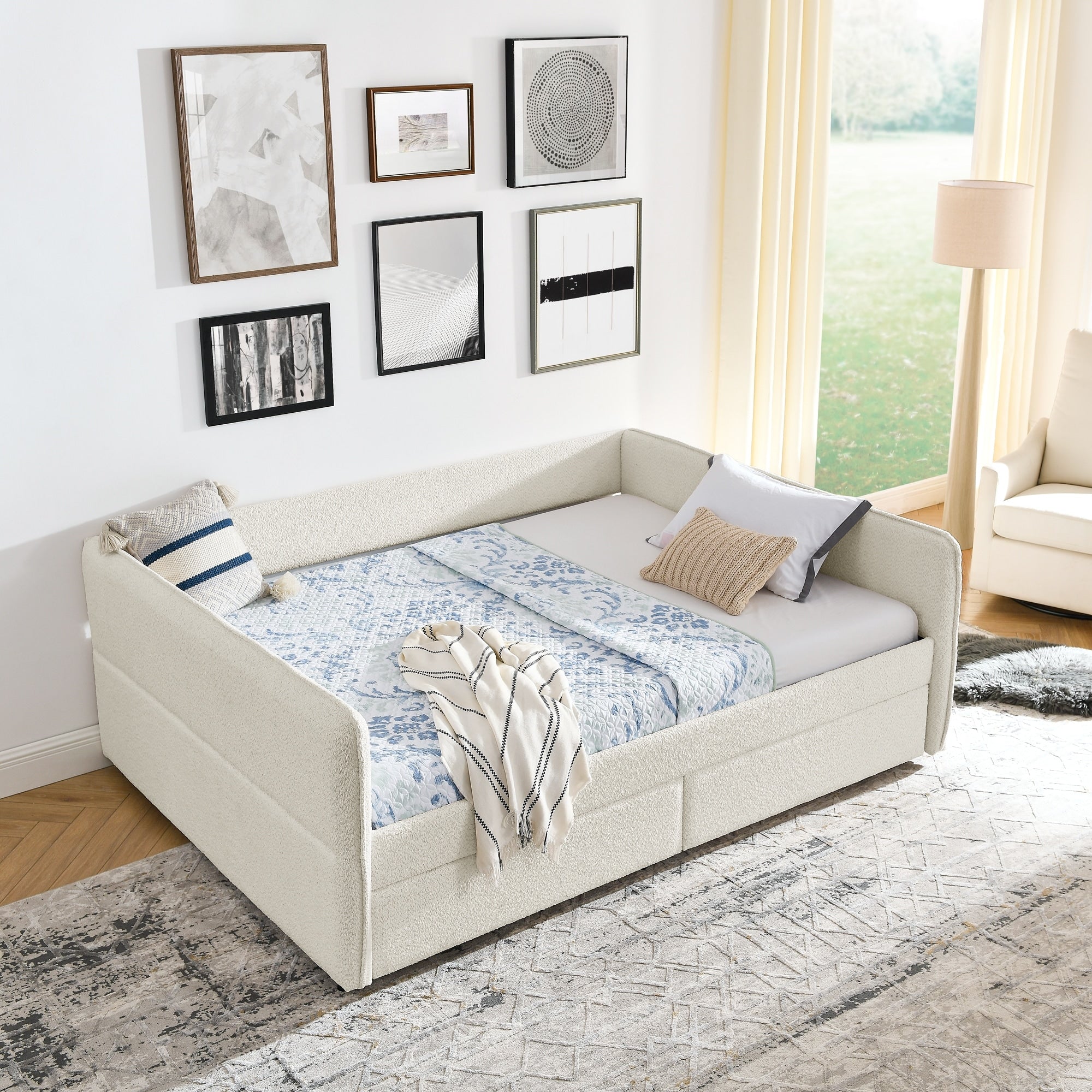 Queen Size Platform Bed Frame Daybed With 2 Drawers