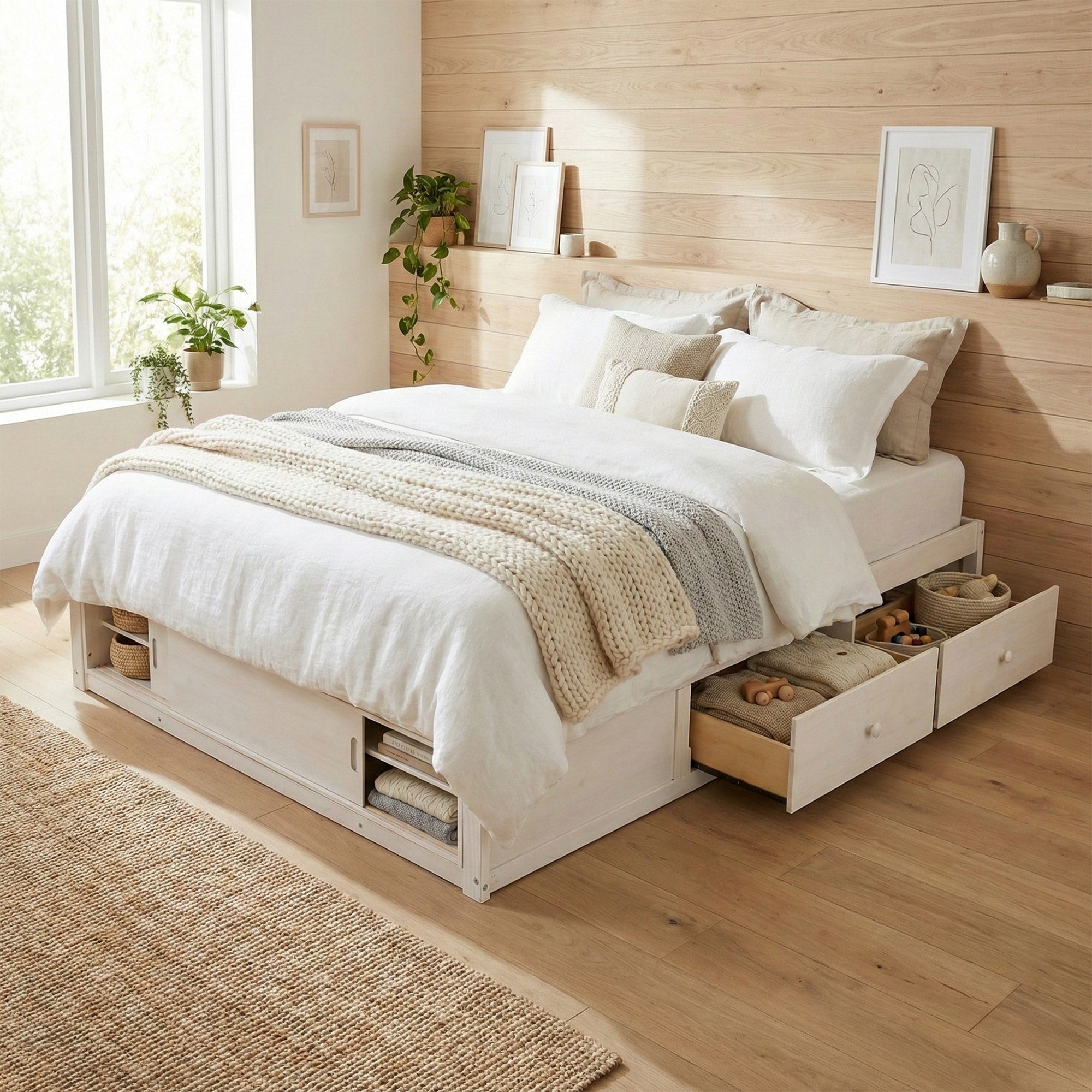 Queen Size Platform Bed Frame With 4 Storage Drawers Footboard Cubby By Harper Bright Designs