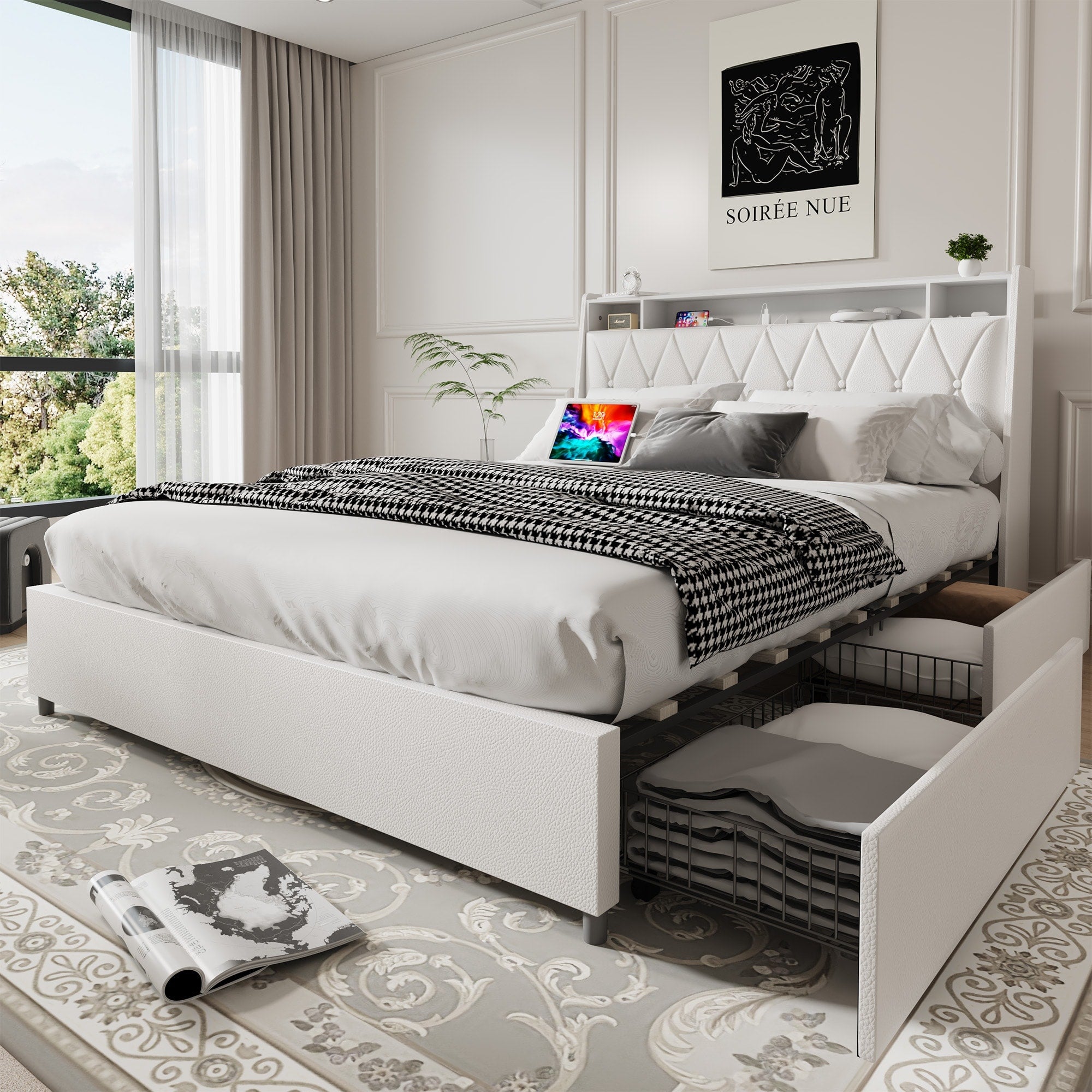 Queen Size Platform Bed Frame With Ergonomic Headboard Outlets