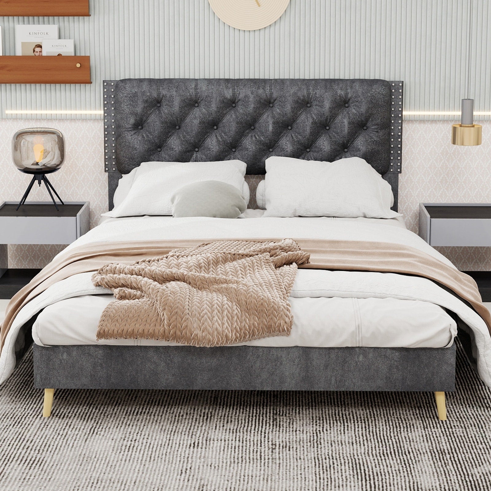 Queen Size Platform Bed Frame With Upholstered Headboard