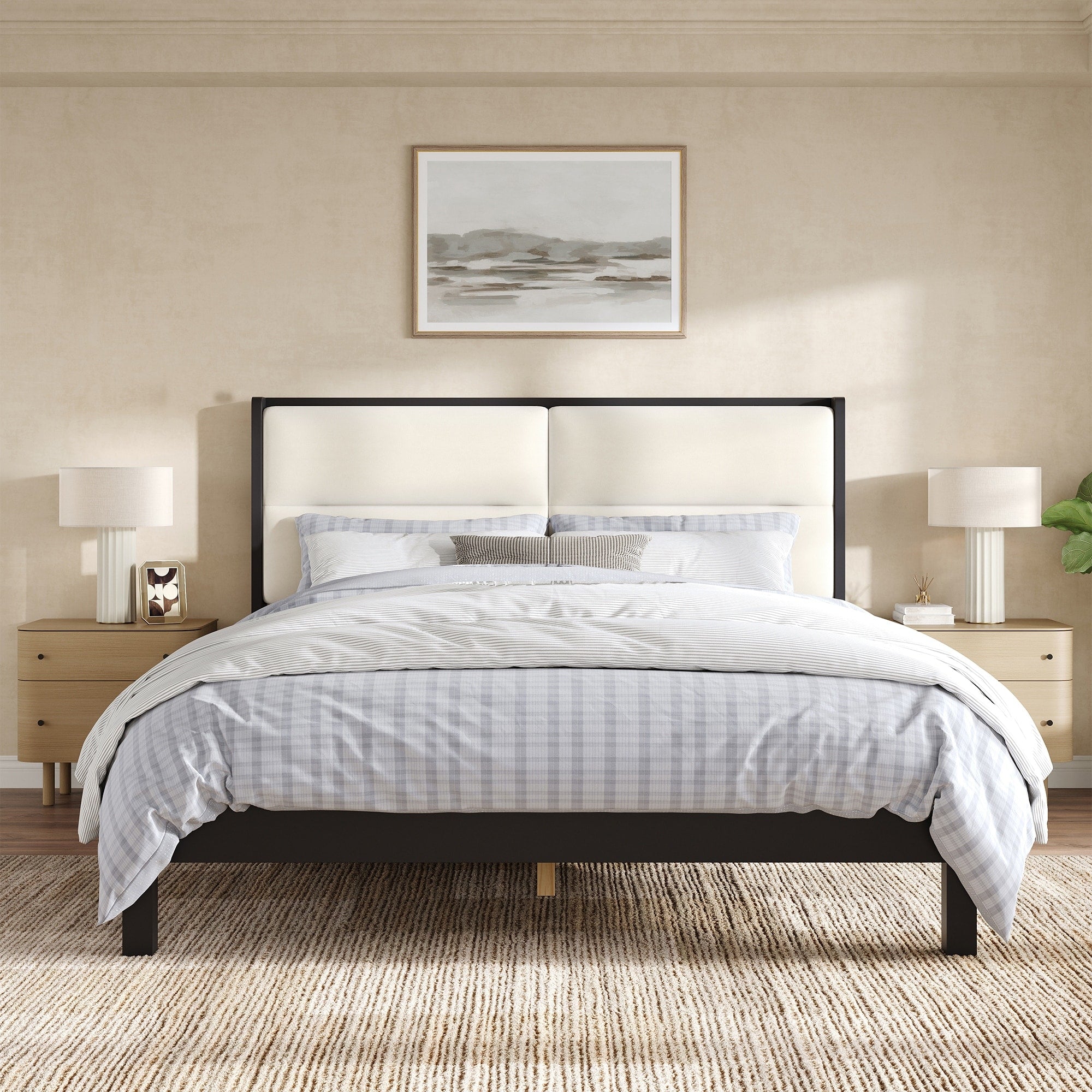 Queen Size Platform Bed Frame With Velvet Upholstered Headboard