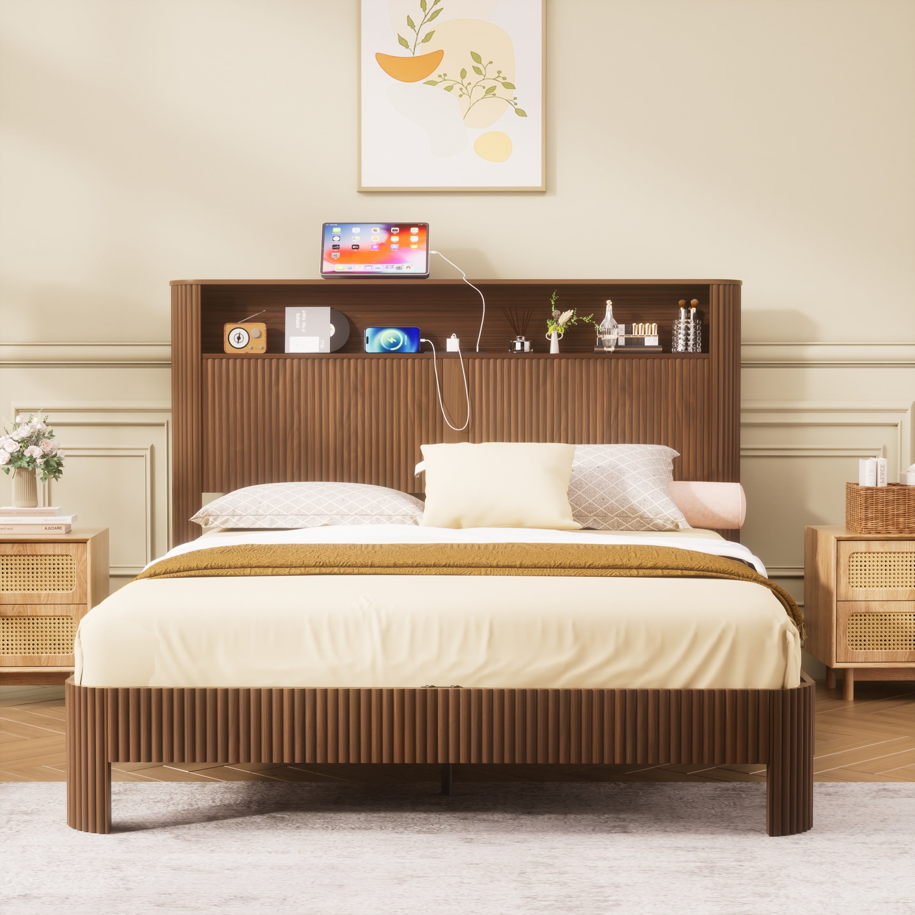 Queen Size Slatted Bed Frame With Storage Headboard Built In Usb Ac Charging