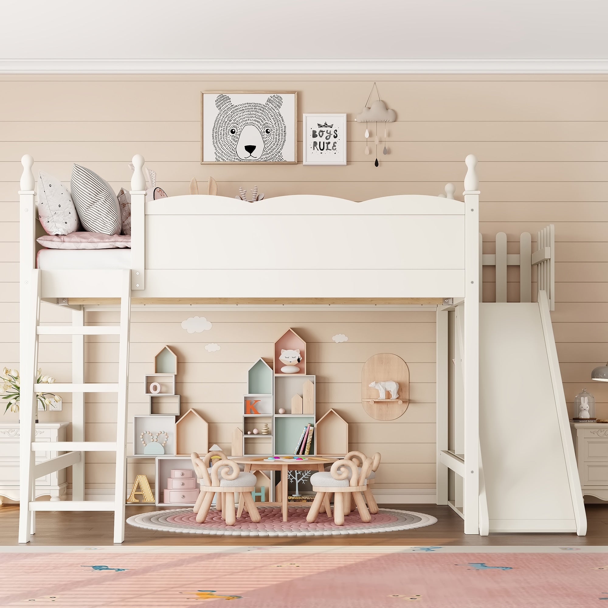 Queen Size Solid Wood Loft Bed With Wardrobe And Storage Shelves Detachable Slide And Ladders