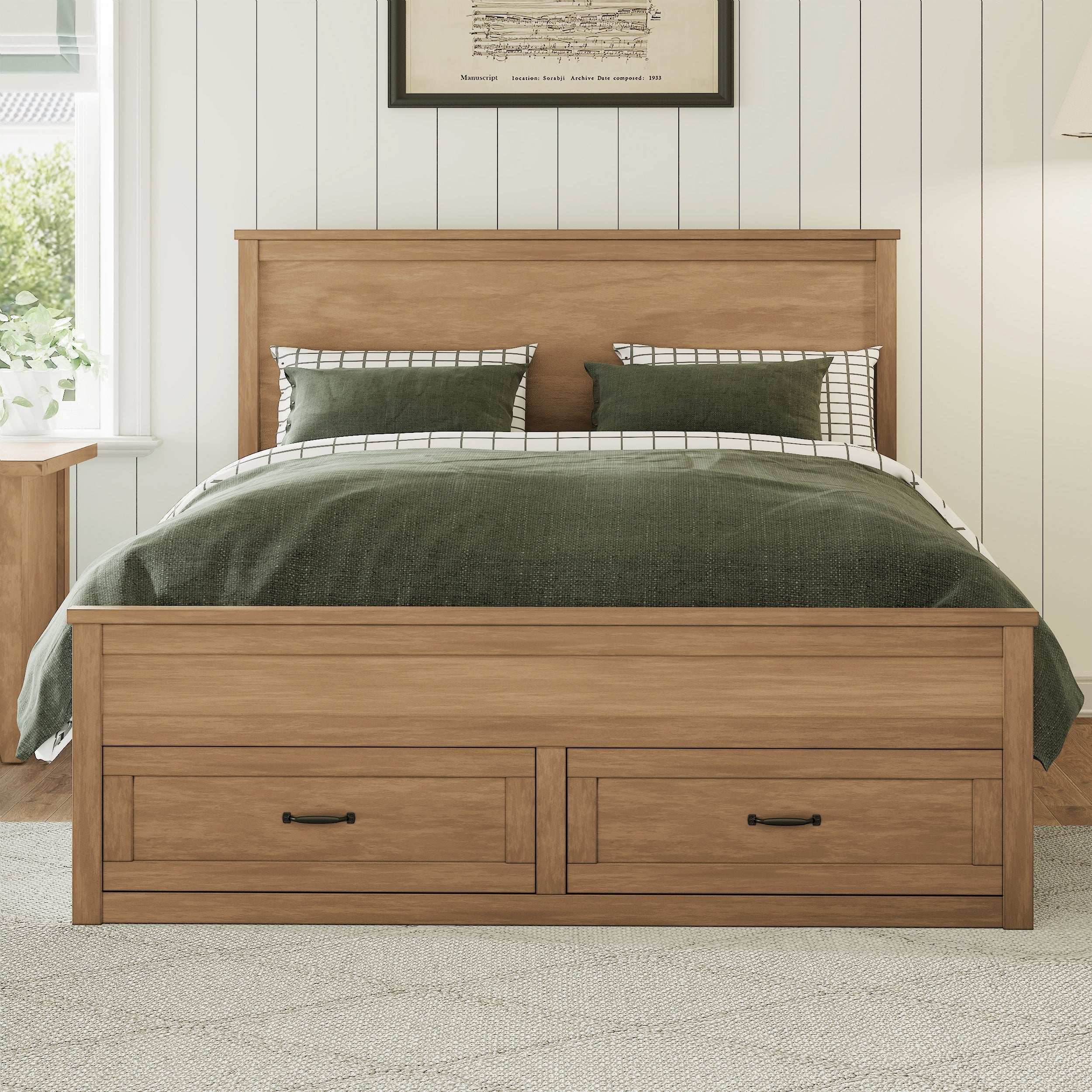 Queen Size Storage Bed Frame Wooden Platform Bed With 6 Drawers 48.8 High Headboard Wooden Slats Support No Box Spring Needed
