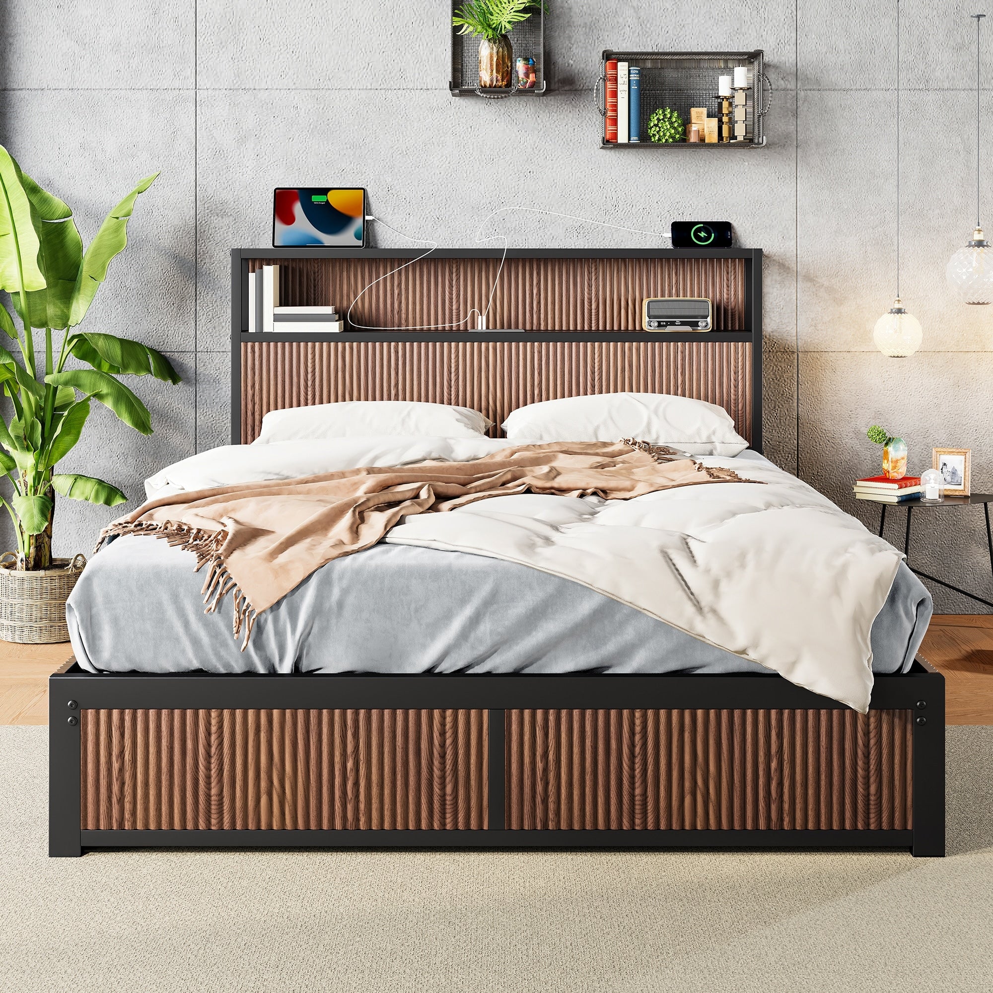Queen Size Storage Bed Frame With Raised Pattern Multi Drawer Platform Design With Bedside Power Socket