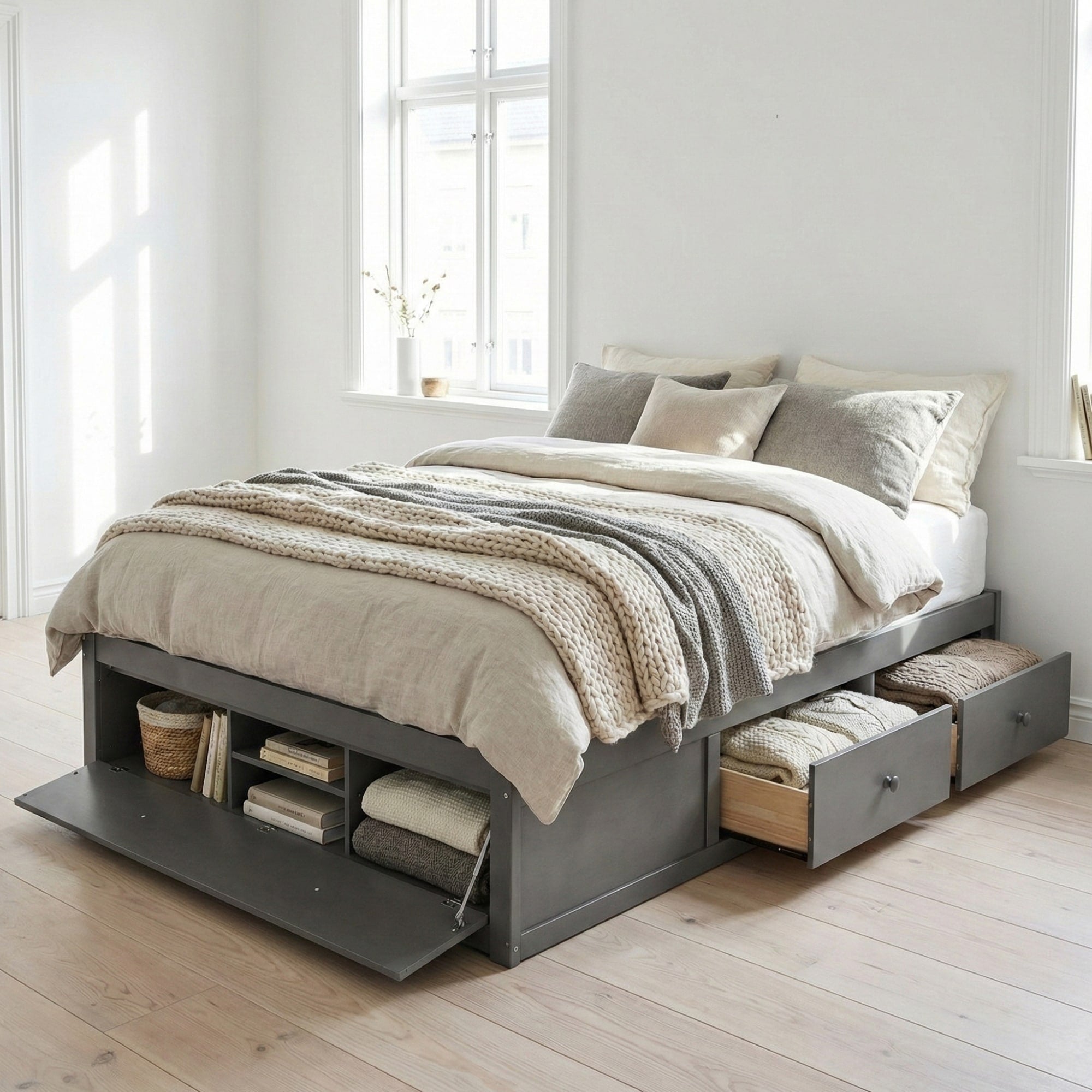Queen Size Storage Platform Bed With 4 Drawers Hydraulic Lift Footboard Space Saving Frame