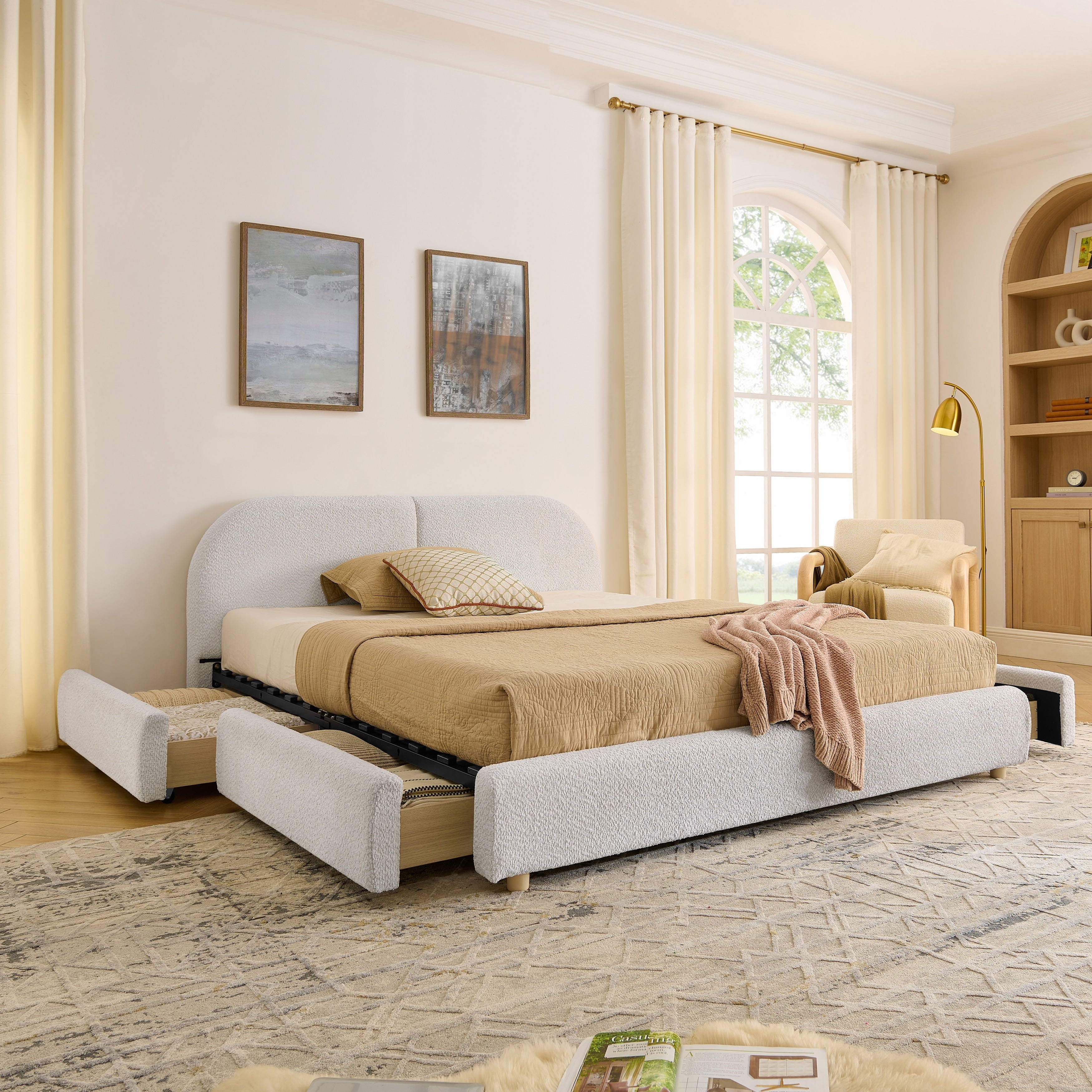 Queen Size Upholstered Bed Frame Modern Minimalist Style With Curved Headboard Wheeled Drawers