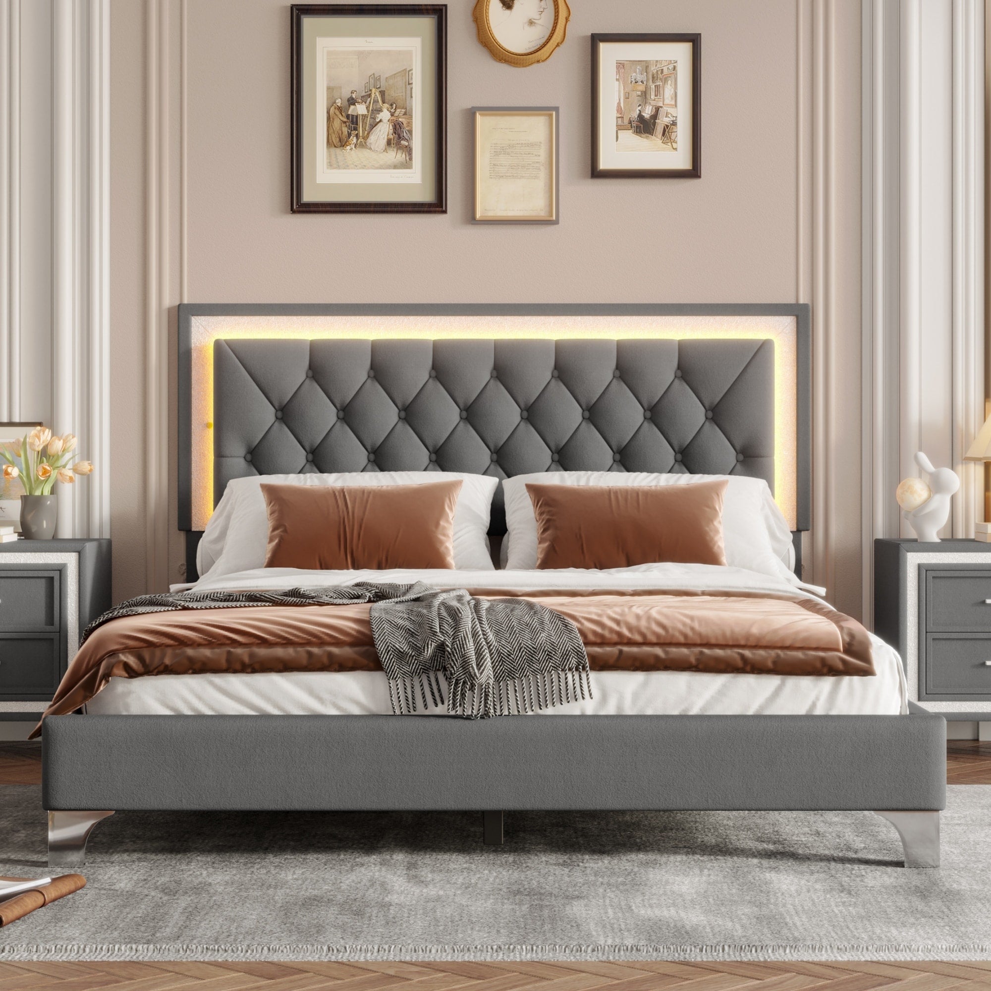 Queen Size Upholstered Bed Frame With Led Lights Modern Velvet Platform Bed With Tufted Headboard Gray