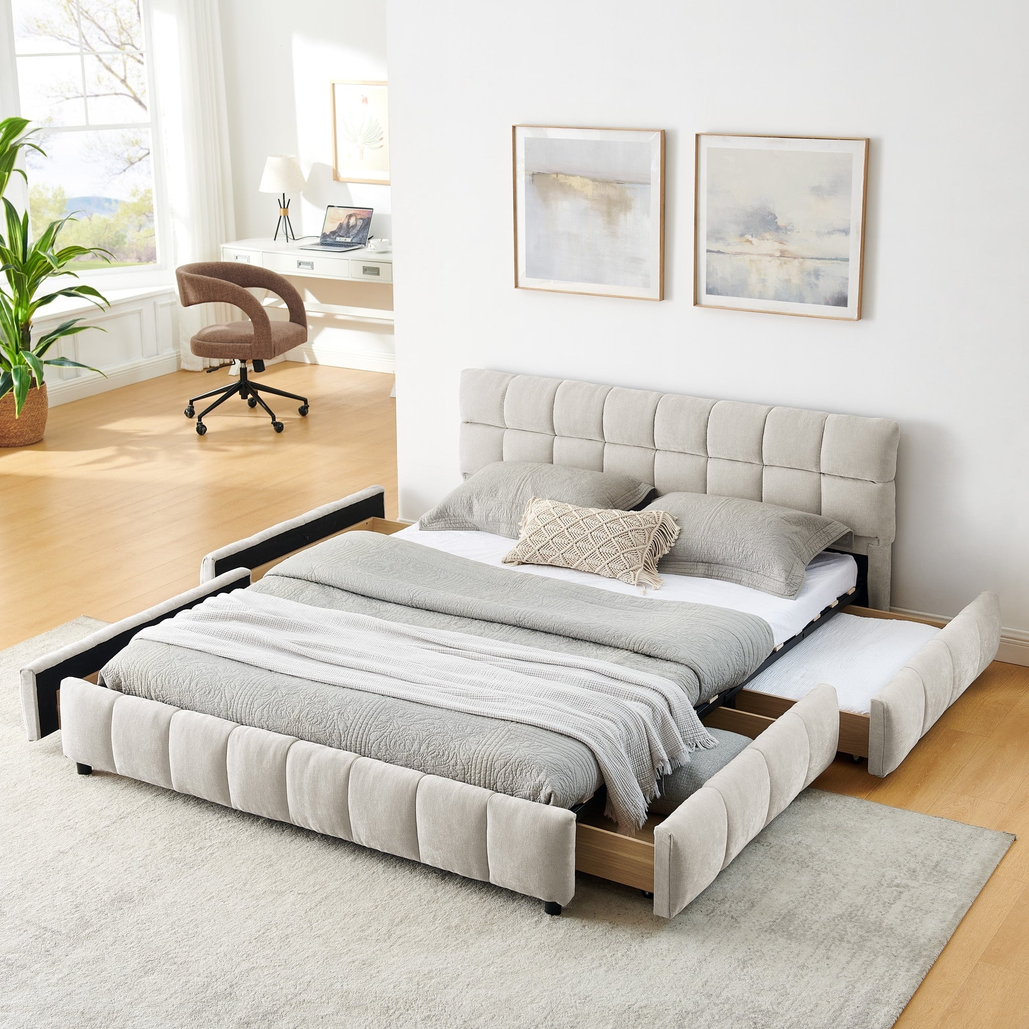 Queen Size Upholstered Bed Frame With Storage Drawer Plush Chenille Fabric Headboard Modern Supportive Design