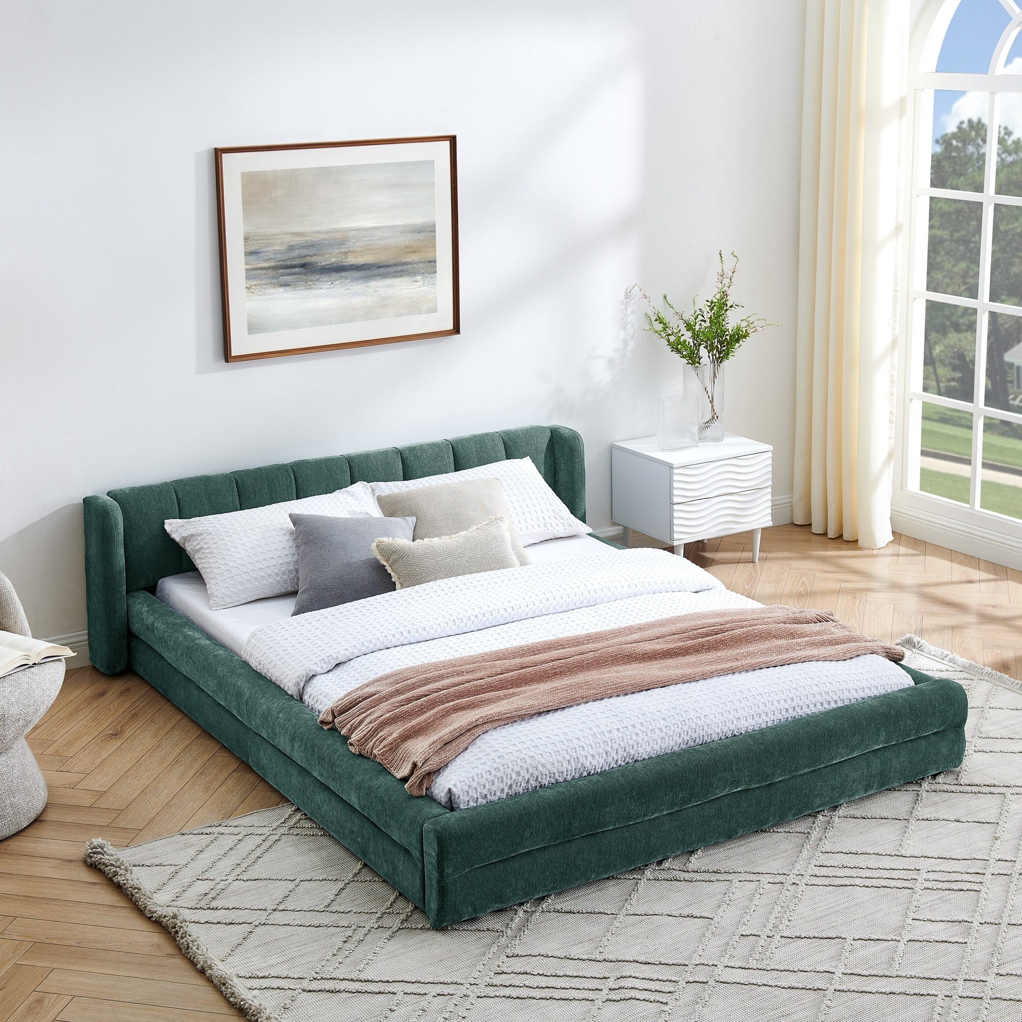 Queen Size Upholstered Bed Frame With Thick Fabric Chenille Fabric Grounded Queen Size Platform Bed