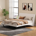 Queen Size Upholstered Bed Frame Pu Leather Platform Bed With Wave Like Curve Design And Trapezoidal Shaped Leg