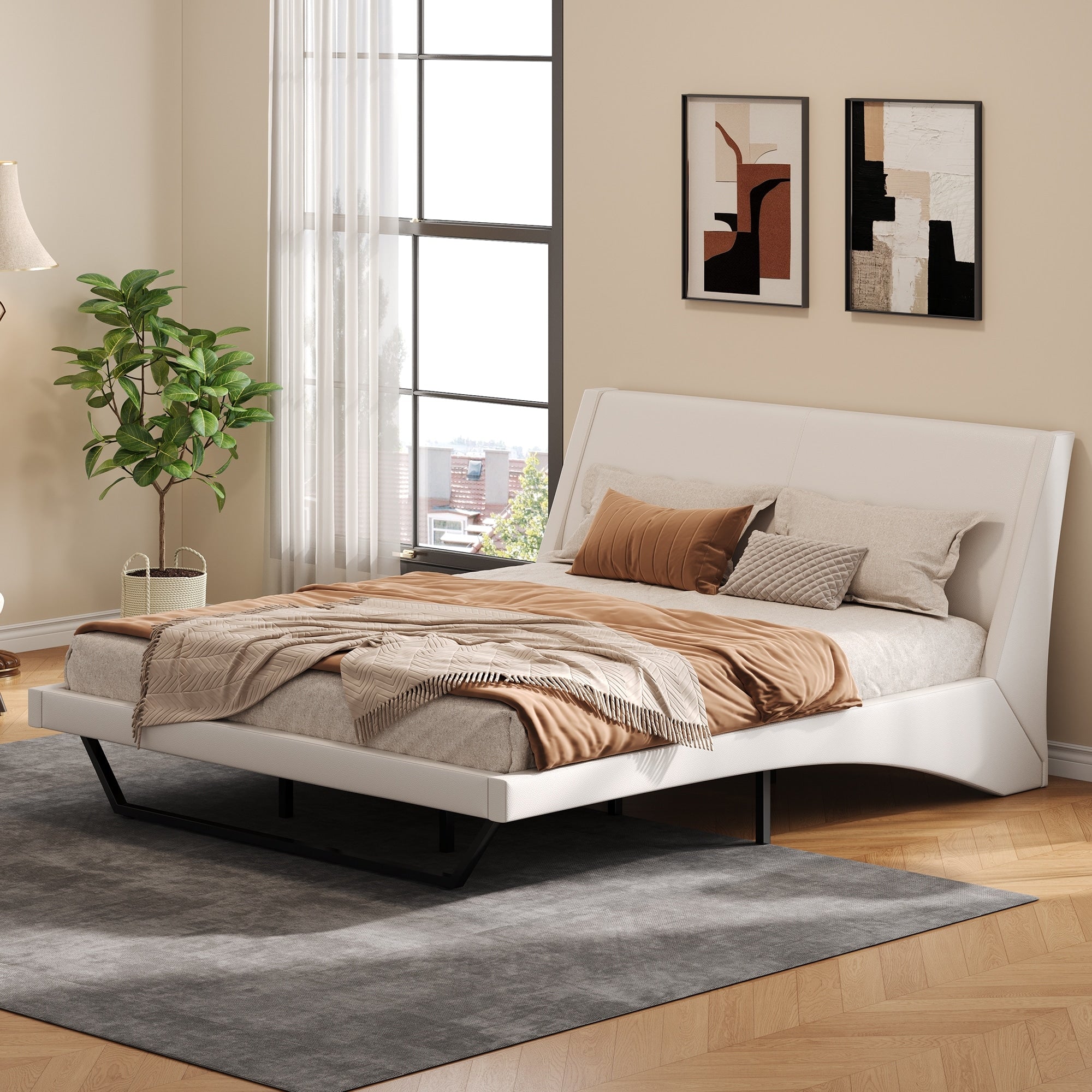 Queen Size Upholstered Bed Frame Pu Leather Platform Bed With Wave Like Curve Design And Trapezoidal Shaped Leg