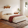 Queen Size Upholstered Bed With Boucle Fabric And Curved Thick Headboard