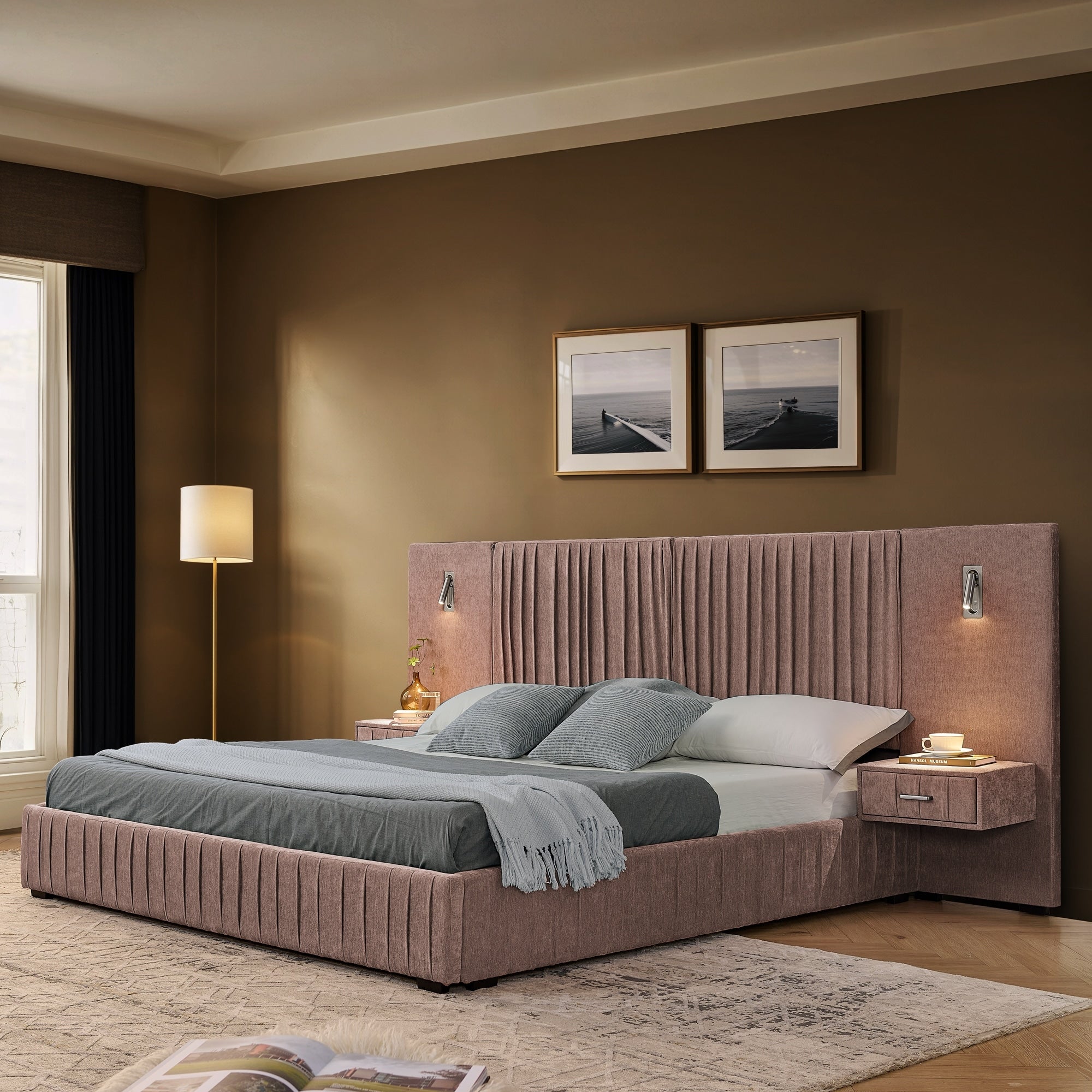 Queen Size Upholstered Chenille Grounded Bed Frame With Headboard And Bedside Table