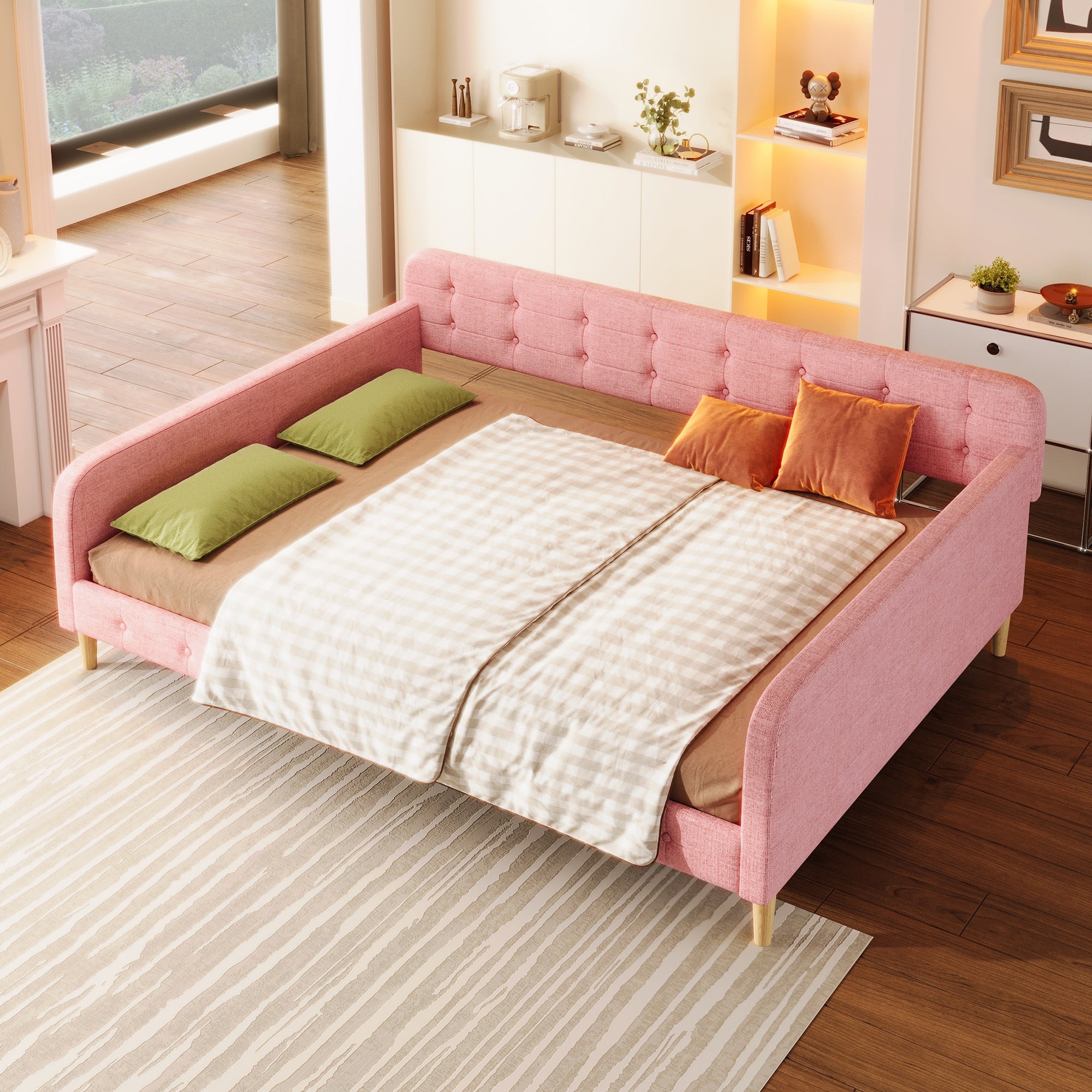Queen Size Upholstered Daybed Platform Bed Frame With 4 Support Legs