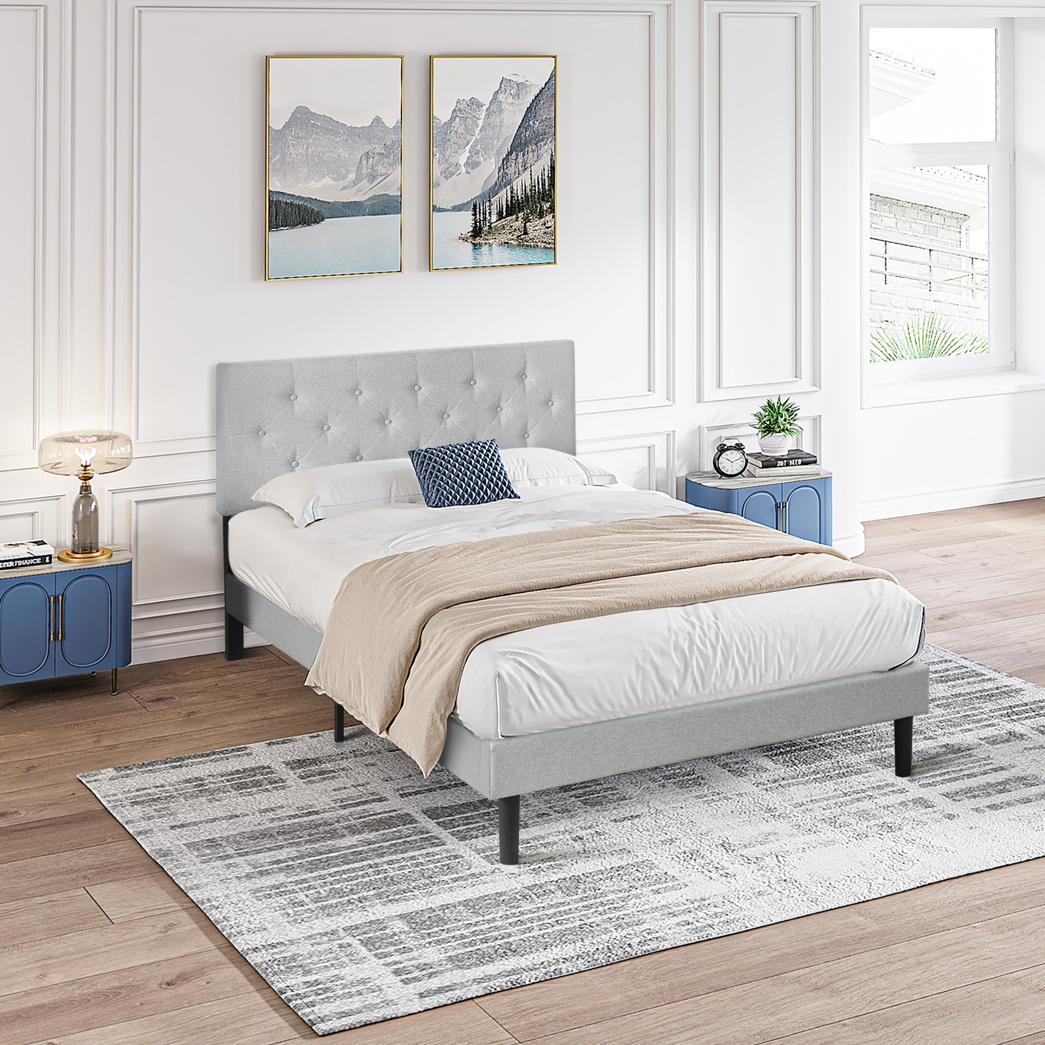 Queen Size Upholstered Platform Bed Frame With Button Tufted Linen Fabric Headboard No Box Spring Needed Wood Slat Support