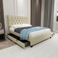 Queen Size Upholstered Platform Bed Frame With Trundle Bed Drawers
