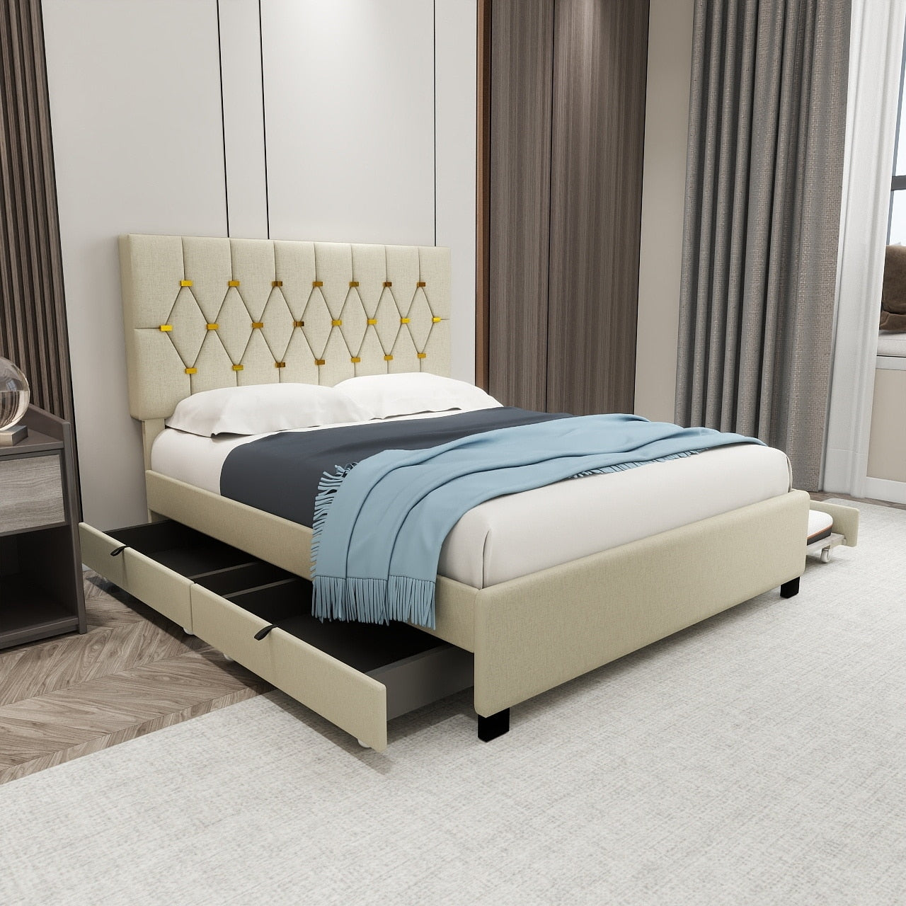 Queen Size Upholstered Platform Bed Frame With Trundle Bed Drawers