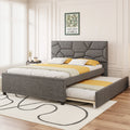 Queen Size Upholstered Platform Bed With Brick Pattern Headboard And Twin Xl Size Trundle Linen Fabric Gray