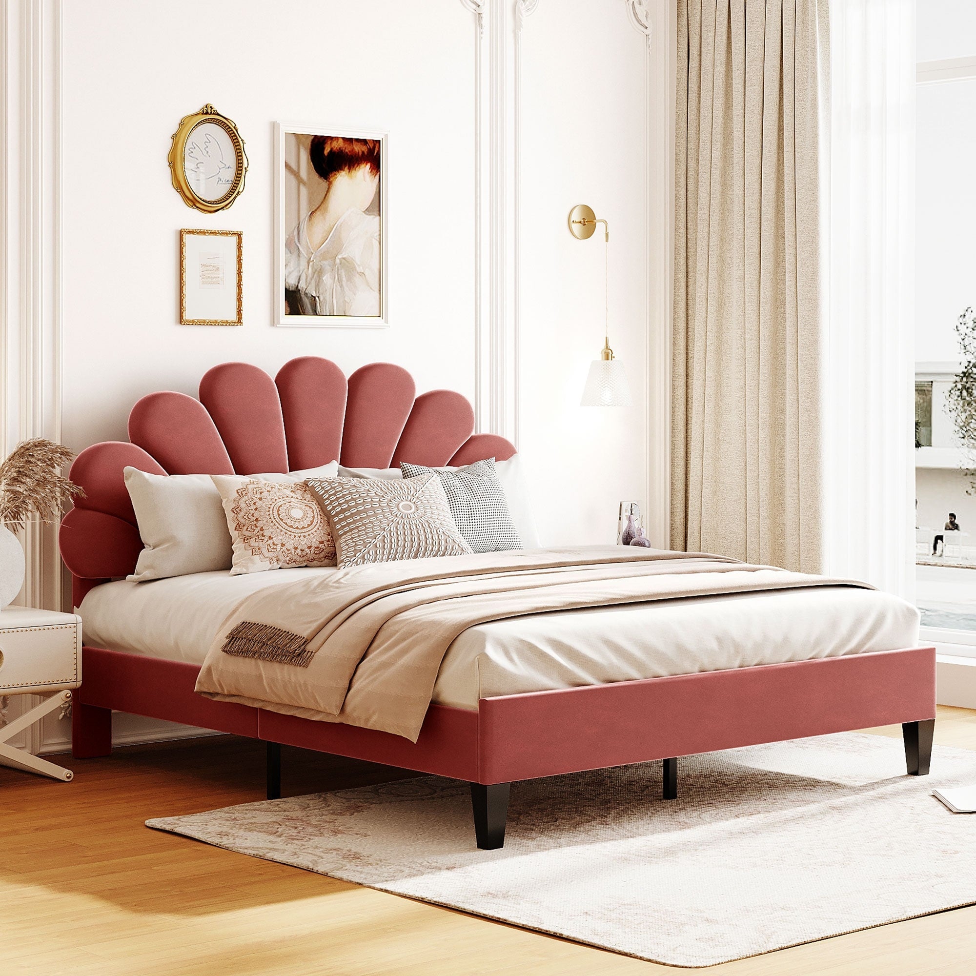 Queen Size Upholstered Platform Bed With Flower Pattern Velvet Headboard Bean Paste Red