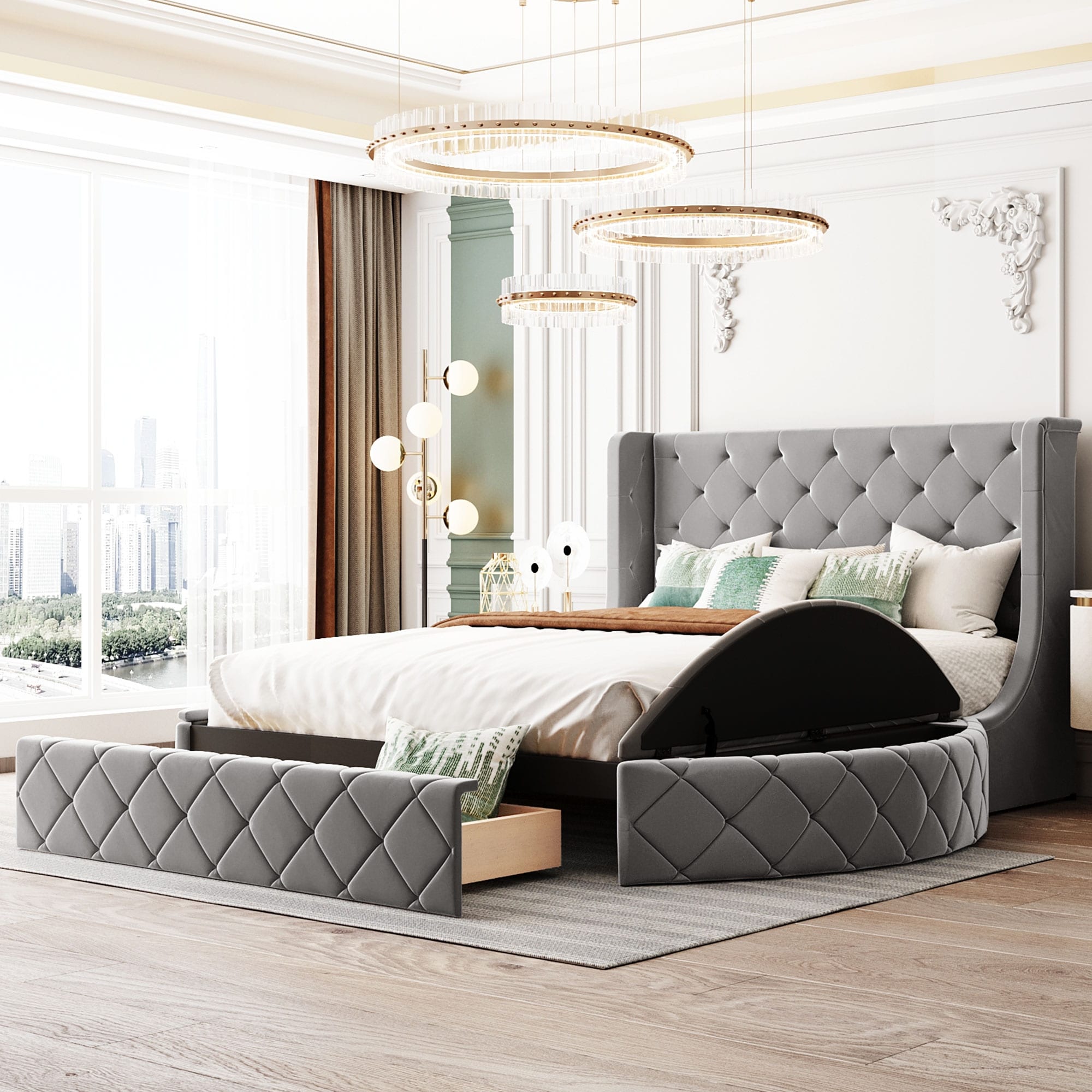 Queen Size Upholstered Platform Bed With Wingback Headboard