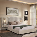 Queen Size Upholstered Velvet Fabric Bed With Buttons Around And Bedside Table