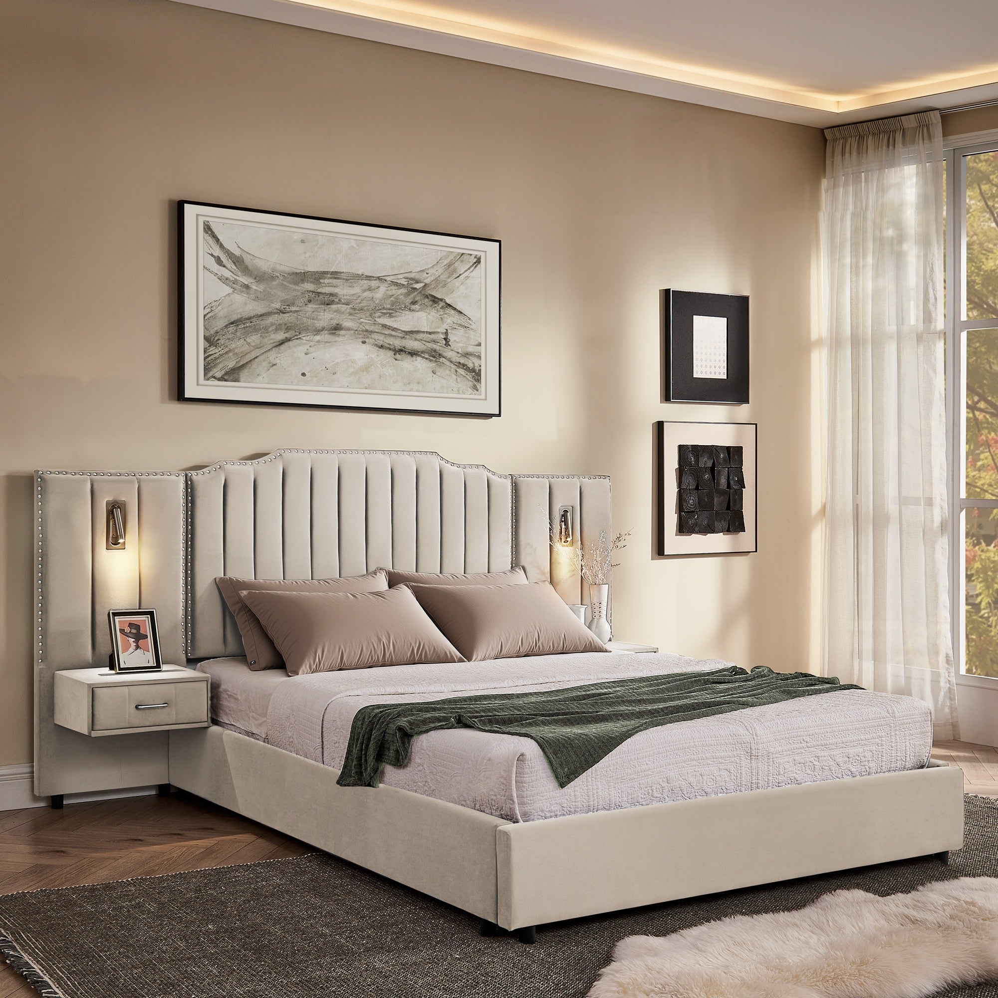 Queen Size Upholstered Velvet Fabric Bed With Buttons Around And Bedside Table
