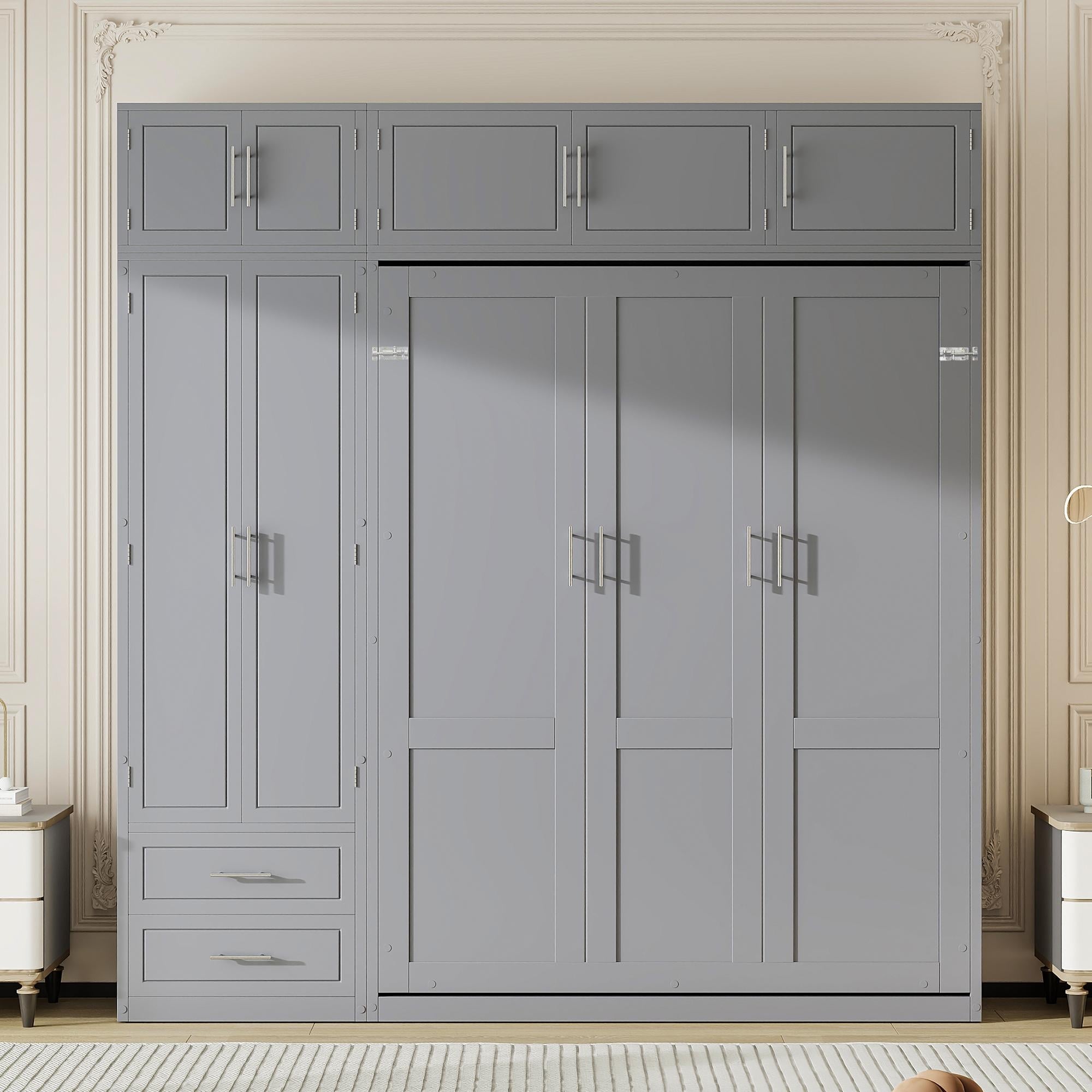 Queen Size Wall Murphy Bed With Top Cabinet Shelves And Side Wardrobe