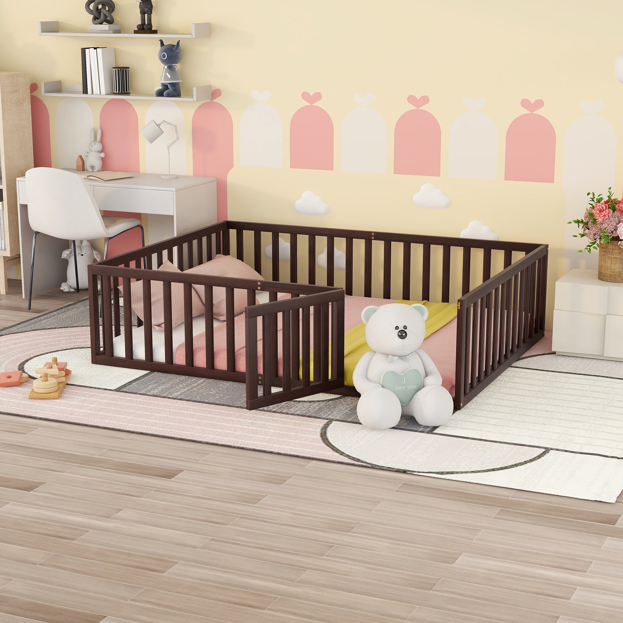 Queen Size Wood Floor Bed Frame With Fence And Door