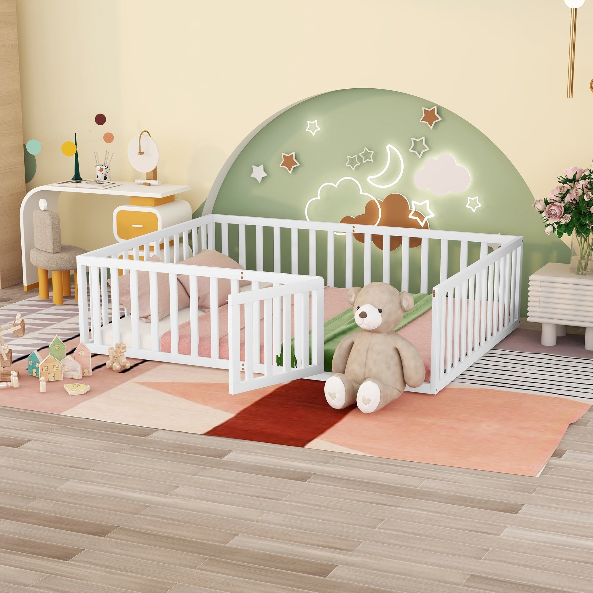 Queen Size Wood Floor Bed Frame With Fence And Door White