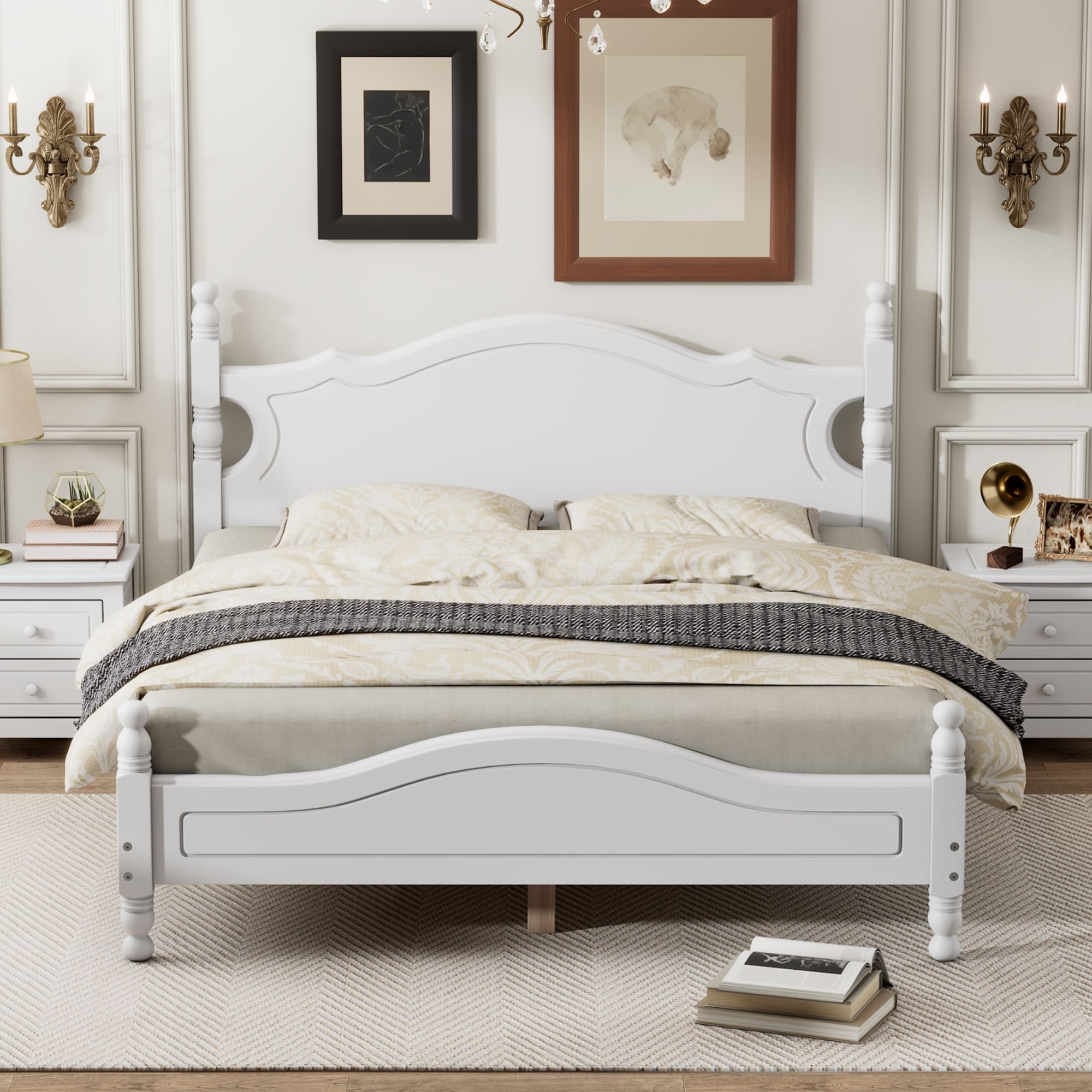 Queen Size Wood Platform Bed Frame Retro Style Platform Bed With Wooden Slat Support