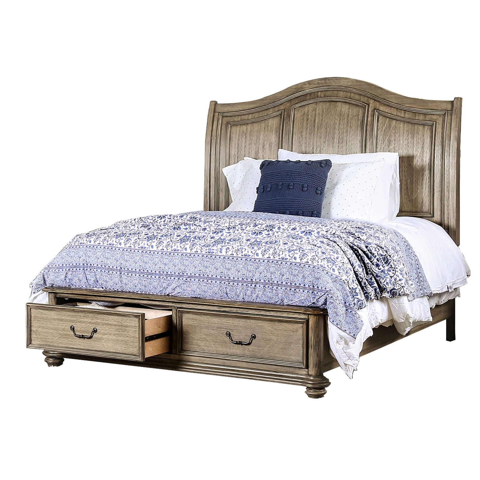 Queen Size Wooden Bed With 2 Drawers And Panel Headboard Natural Brown