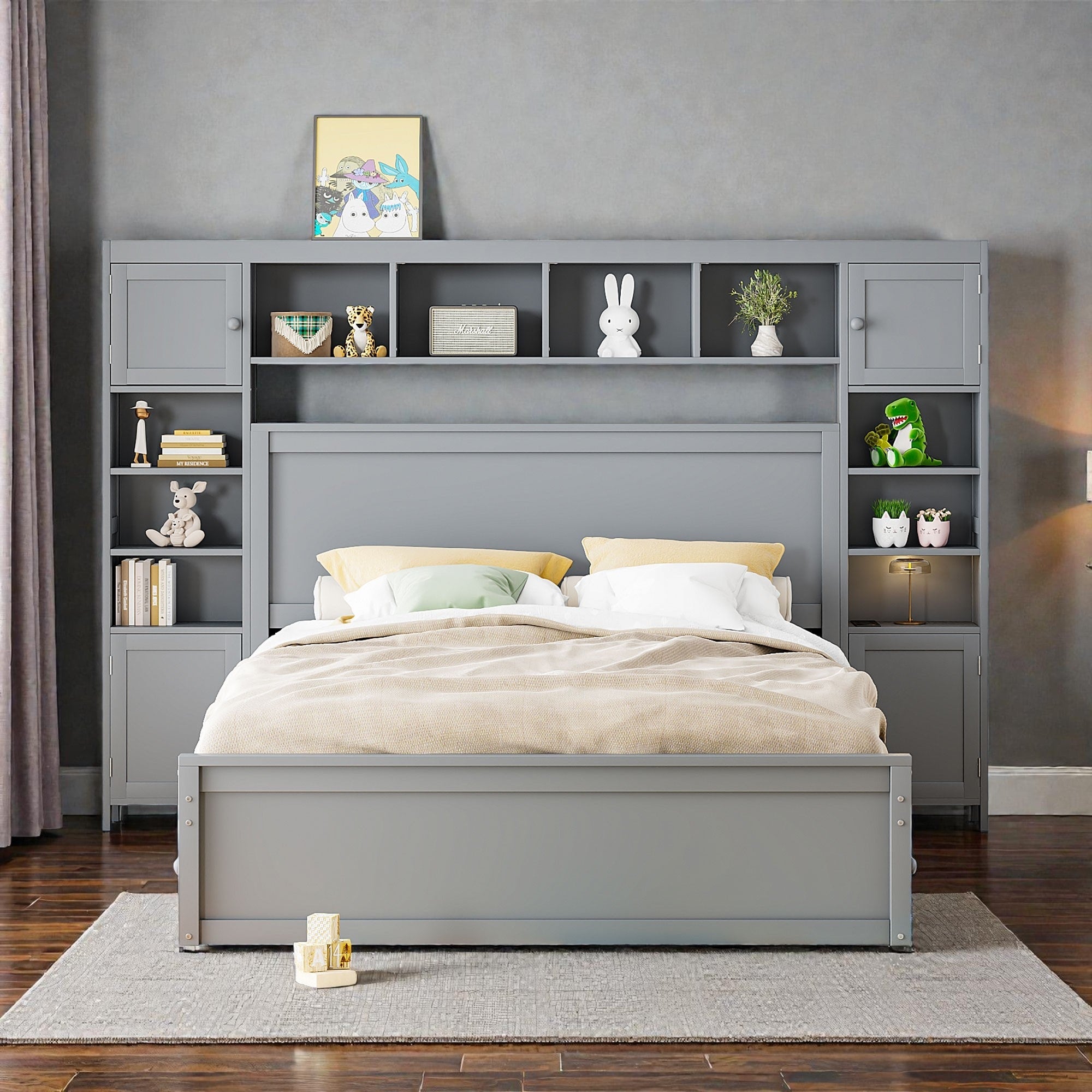 Queen Size Wooden Platform Bed With Storage Drawers Shelves And Built In Outlets All In One Headboard Bed