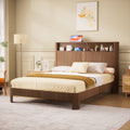 Queen Slatted Platform Bed Frame With Charging Ports Storage Shelf