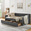 Queen Twin Size Daybed With Drawers Upholstered Tufted Sofa Bed With Button On Back And Copper Nail On Waved Shape Arms