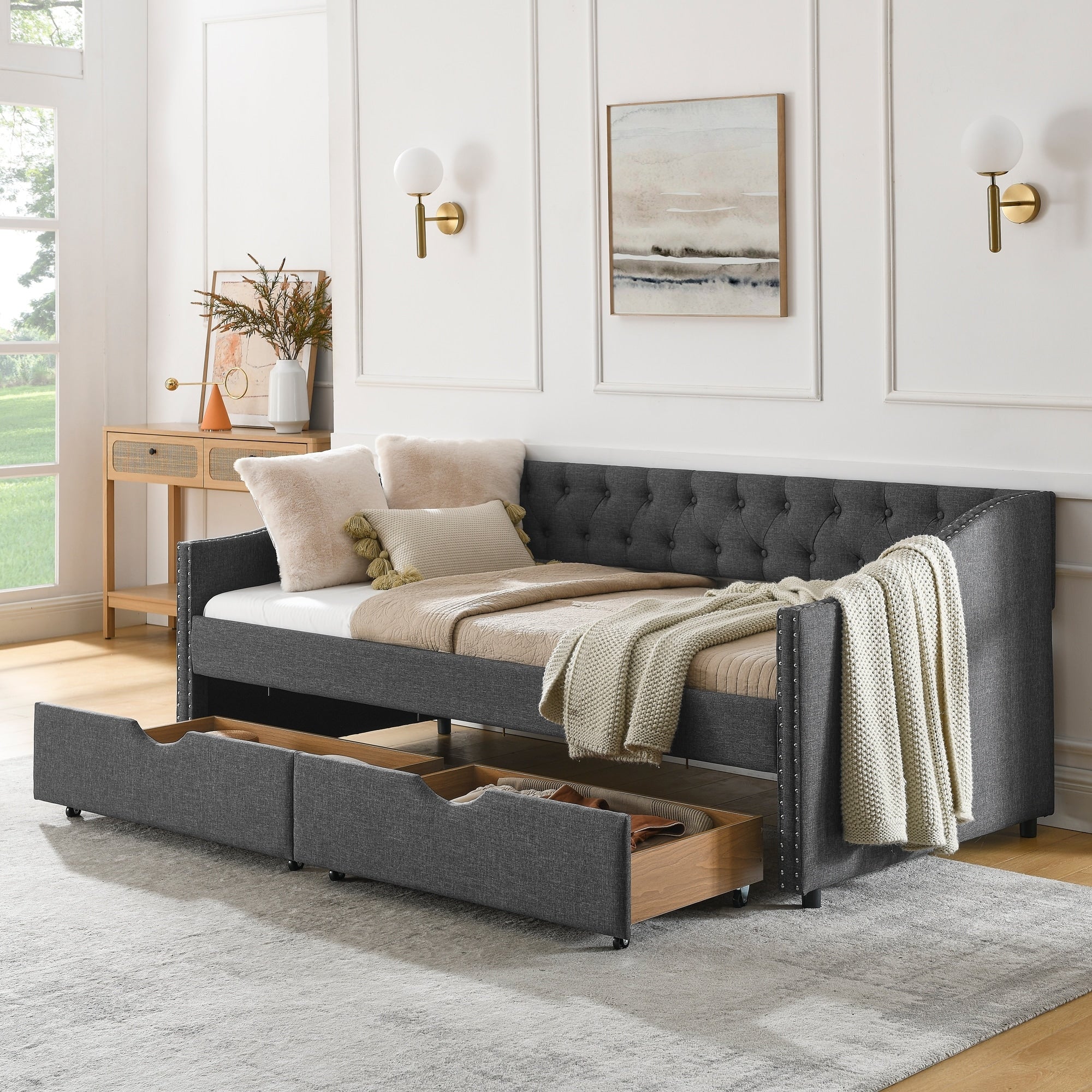 Queen Twin Size Daybed With Drawers Upholstered Tufted Sofa Bed With Button On Back And Copper Nail On Waved Shape Arms