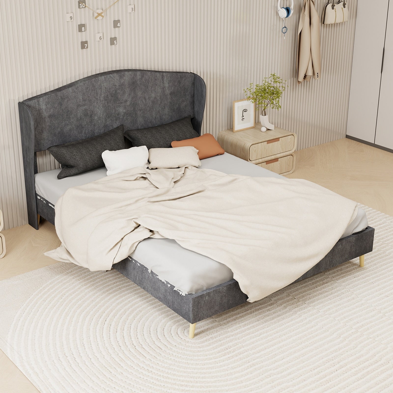 Queen Upholstered Platform Bed Frame With Headboard For Bedroom