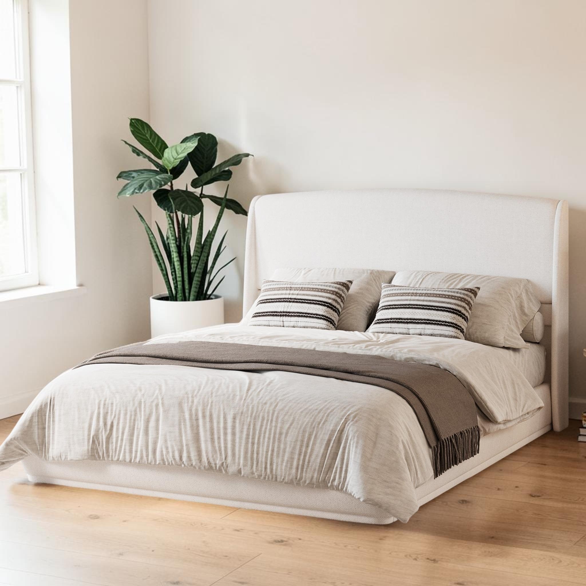 Queen Upholstered Platform Bed Frame With Wingback Headboard Linen Fabric Bed Low Profile Frame No Box Spring Needed