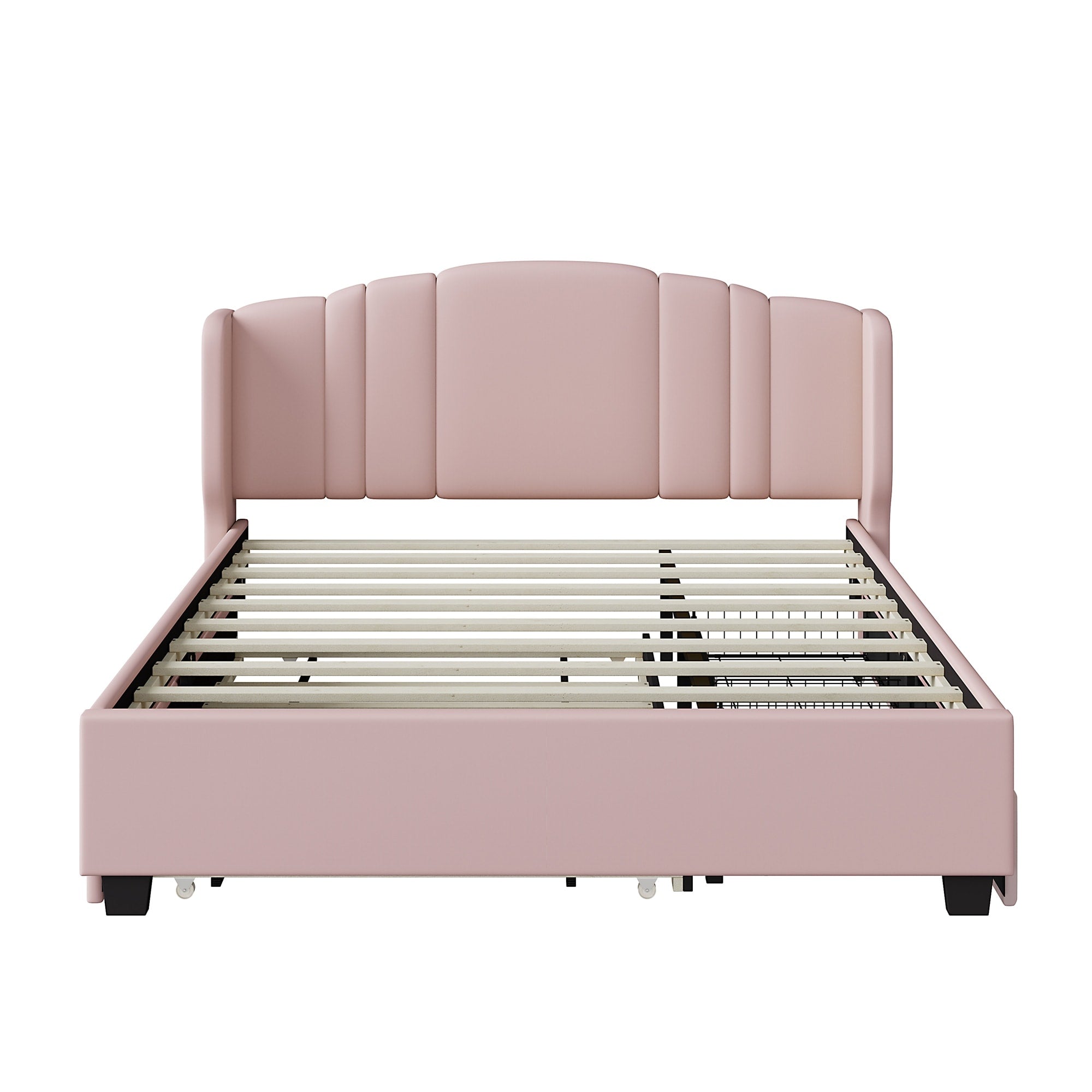 Queen Upholstered Platform Bed With Wingback Headboard Trundle And 2 Storage Drawers