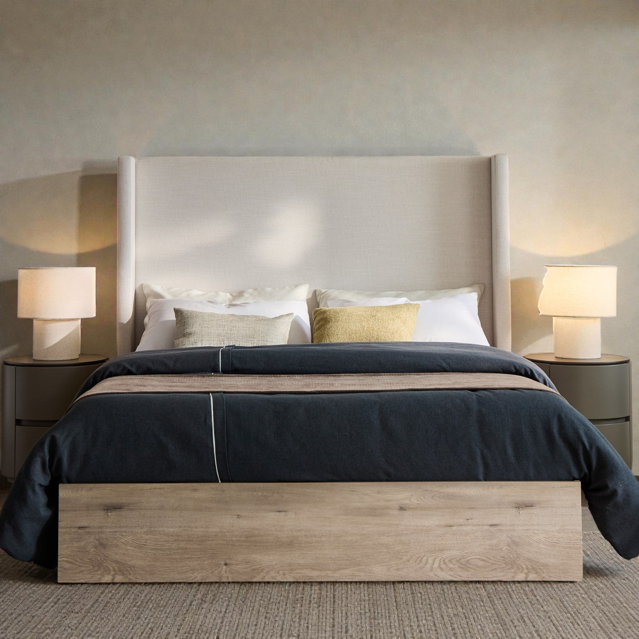 Queen Upholstered Wingback Bed With 54 Tall Headboard Ivory Chenille Wood Base Modern Farmhouse Scandinavian Style