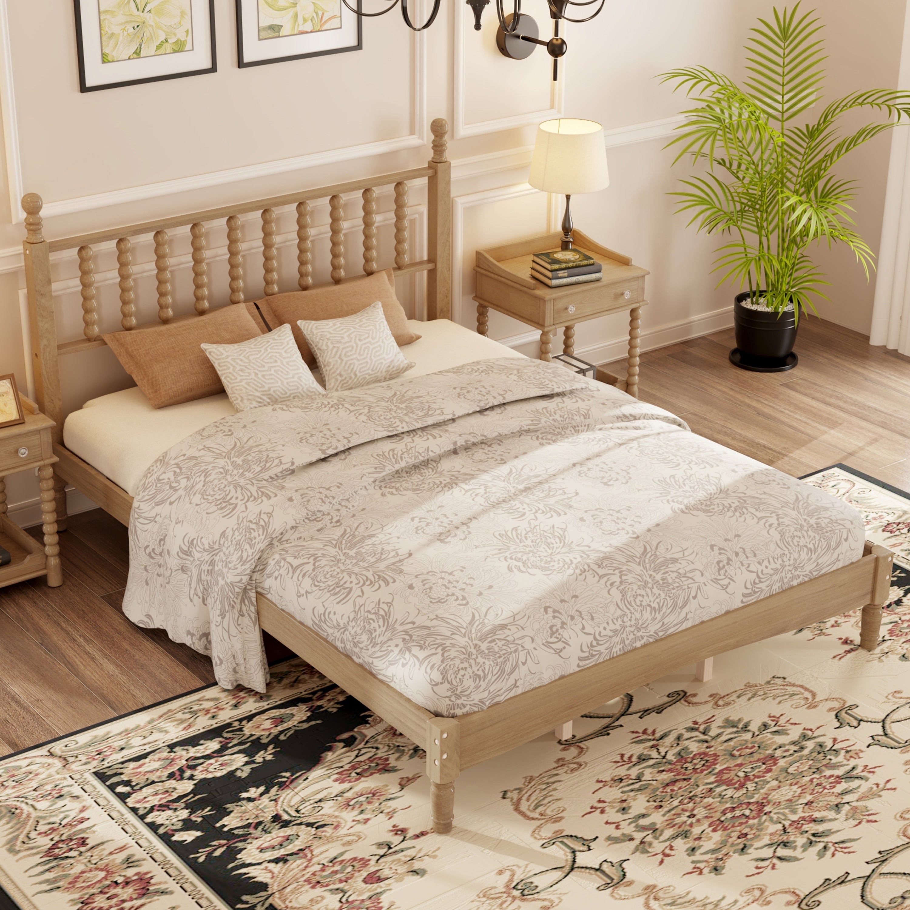 Queen Wood Platform Bed Retro Gourd Headboard Wood Slats Natural Finish